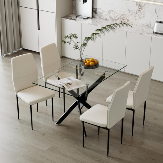GOLDFAN Glas Esstisch Set 4 Stühle Rechteckiger Esstisch und Rückenlehne Esszimmerstuhl für Küche Wohnzimmer Büro, Grau