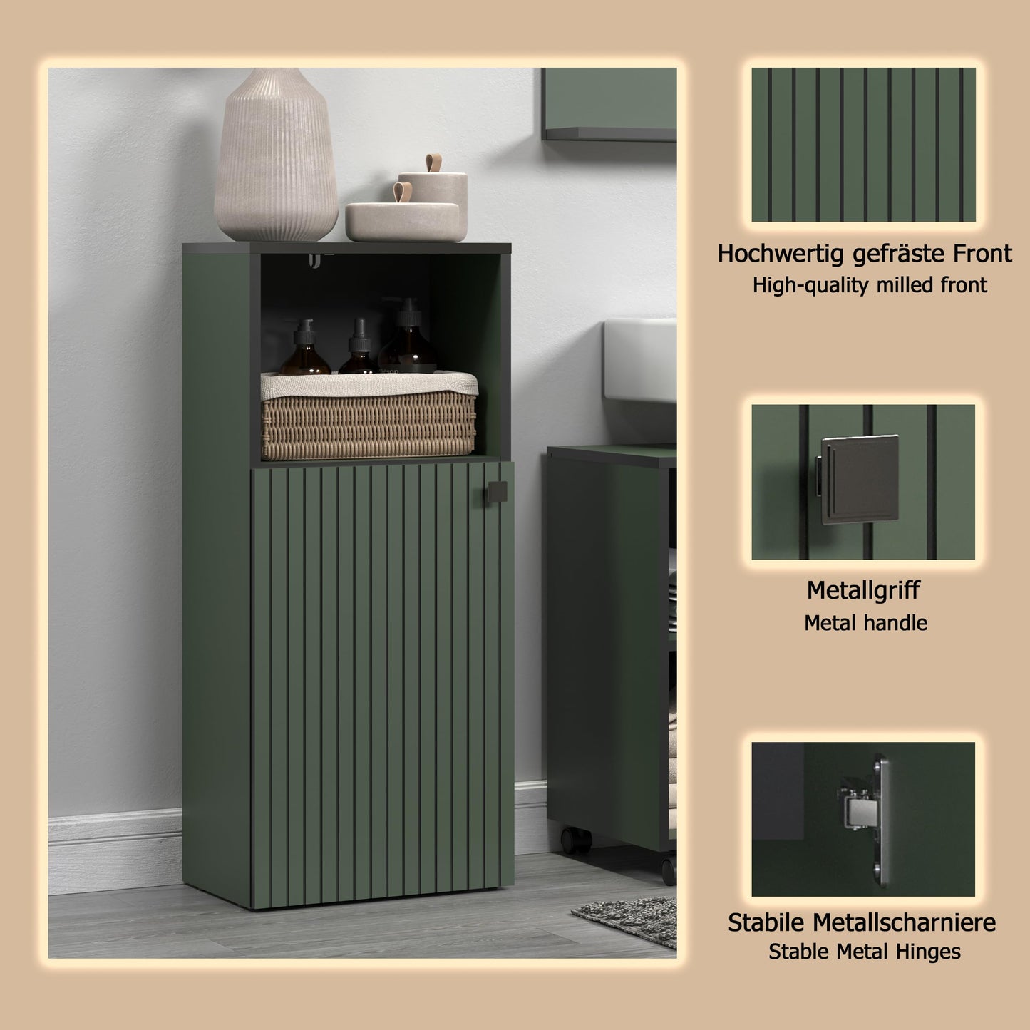 trendteam smart living - PureBliss - Hochschrank - Eiche - Badezimmerschrank in moderner Rillenoptik - edle Metallgriffe - (BxHxT) 40 x 186 x 31 cm - 2 praktische Einlegeböden - kratzfest