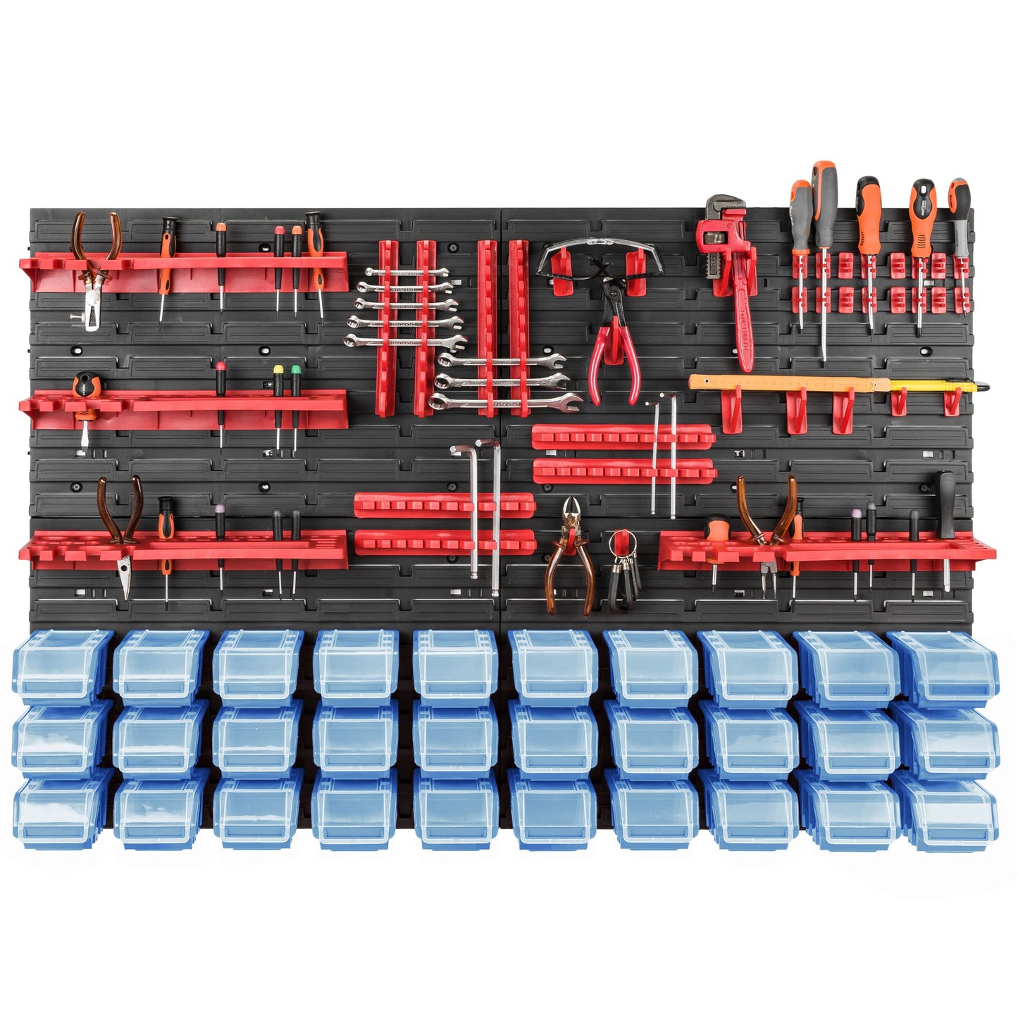 Storage System Wall Shelf 115 x 78 cm, Tool Holders, 23 Pieces Stacking Boxes Storage Boxes Extra Strong Wall Shelves Expandable Workshop Shelving Workshop Shelf