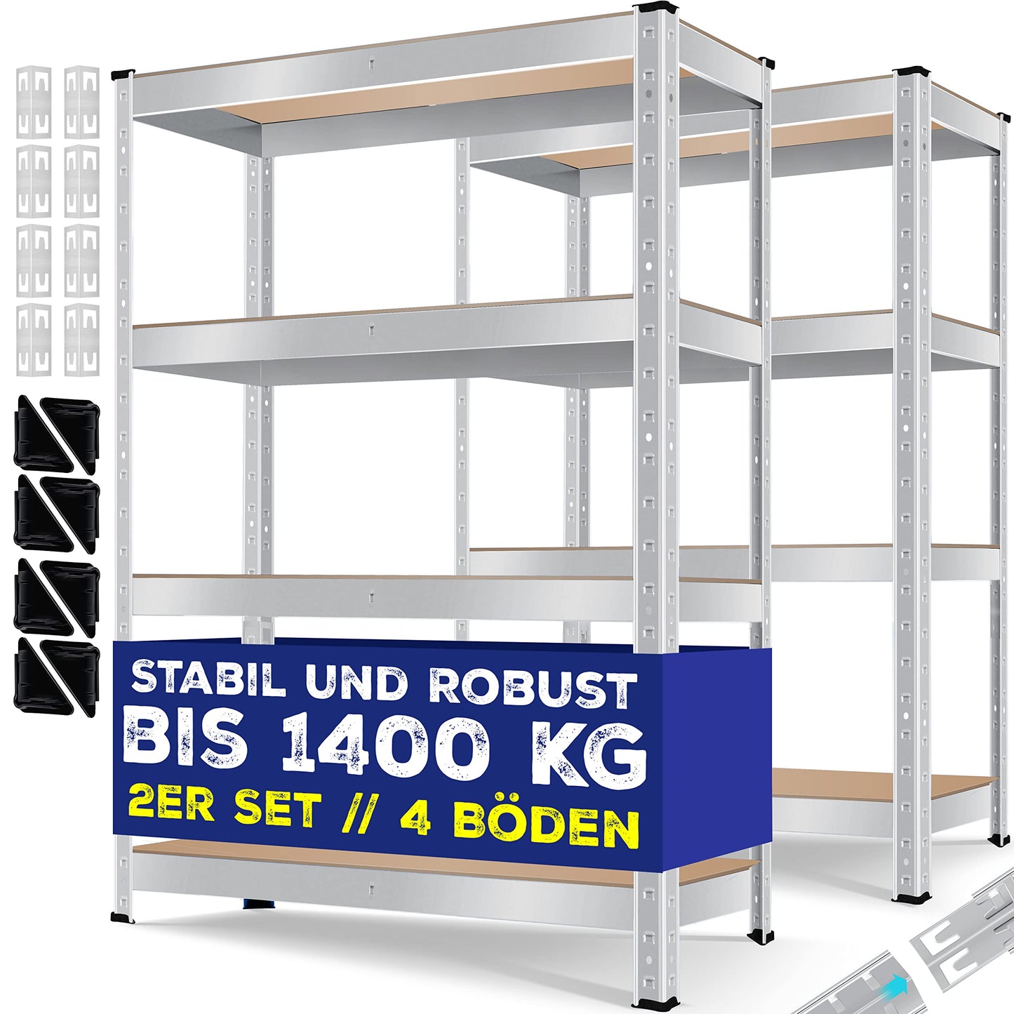 MASKO® Set of 2 Storage Shelves, Heavy Duty Shelves, Basement Shelves, 160 x 80 x 40 cm, Maximum Load 700 kg, 4 Adjustable Shelves, MDF Panels, Boltless Metal Shelf, Workshop, Basement, Garage, Black