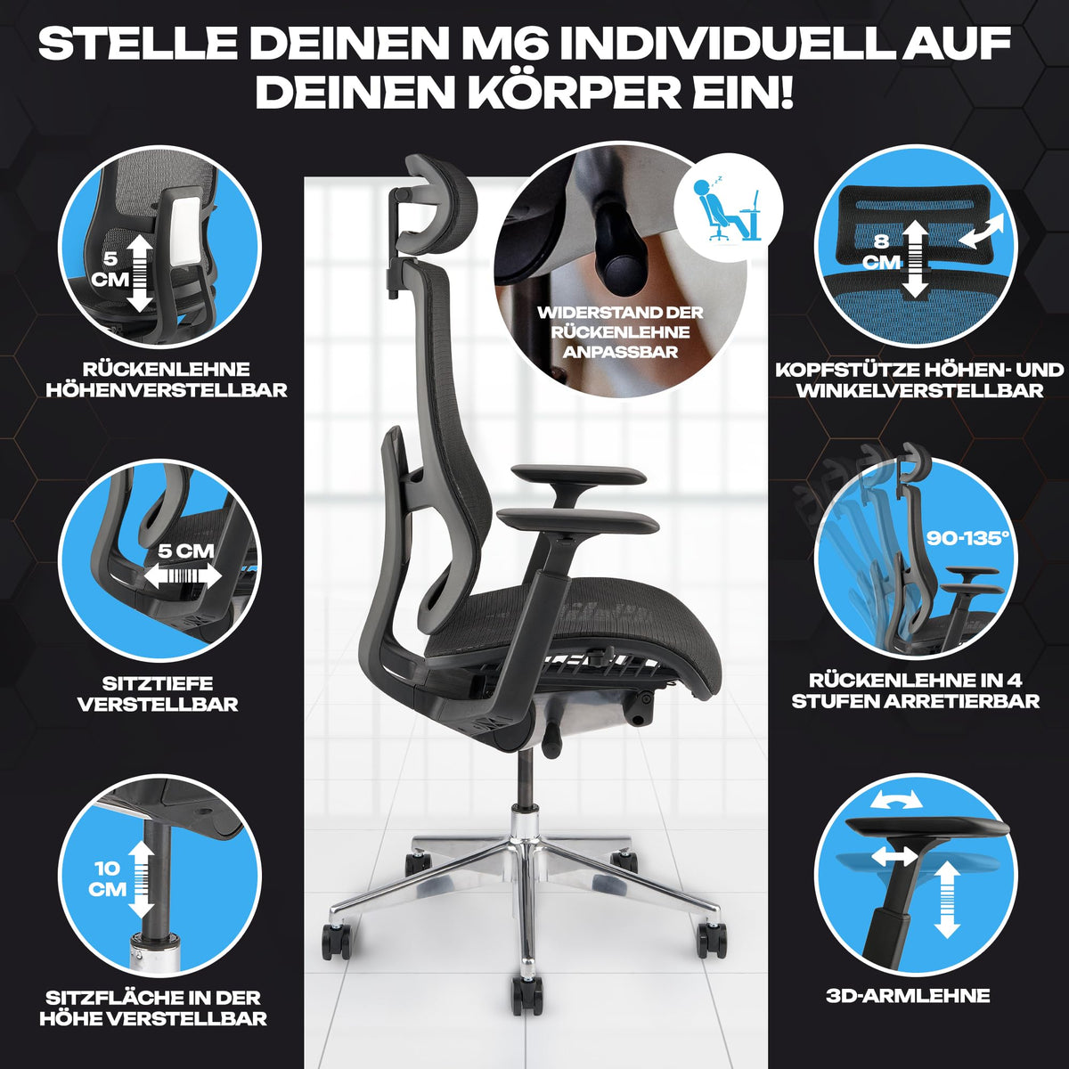 M2 Ergonomic Office Chair, Test Winner with Adjustable Armrest without Headrest for Maximum Freedom of Movement, Back-Friendly, Comfortable Desk Chair for Office and Home Office Chair