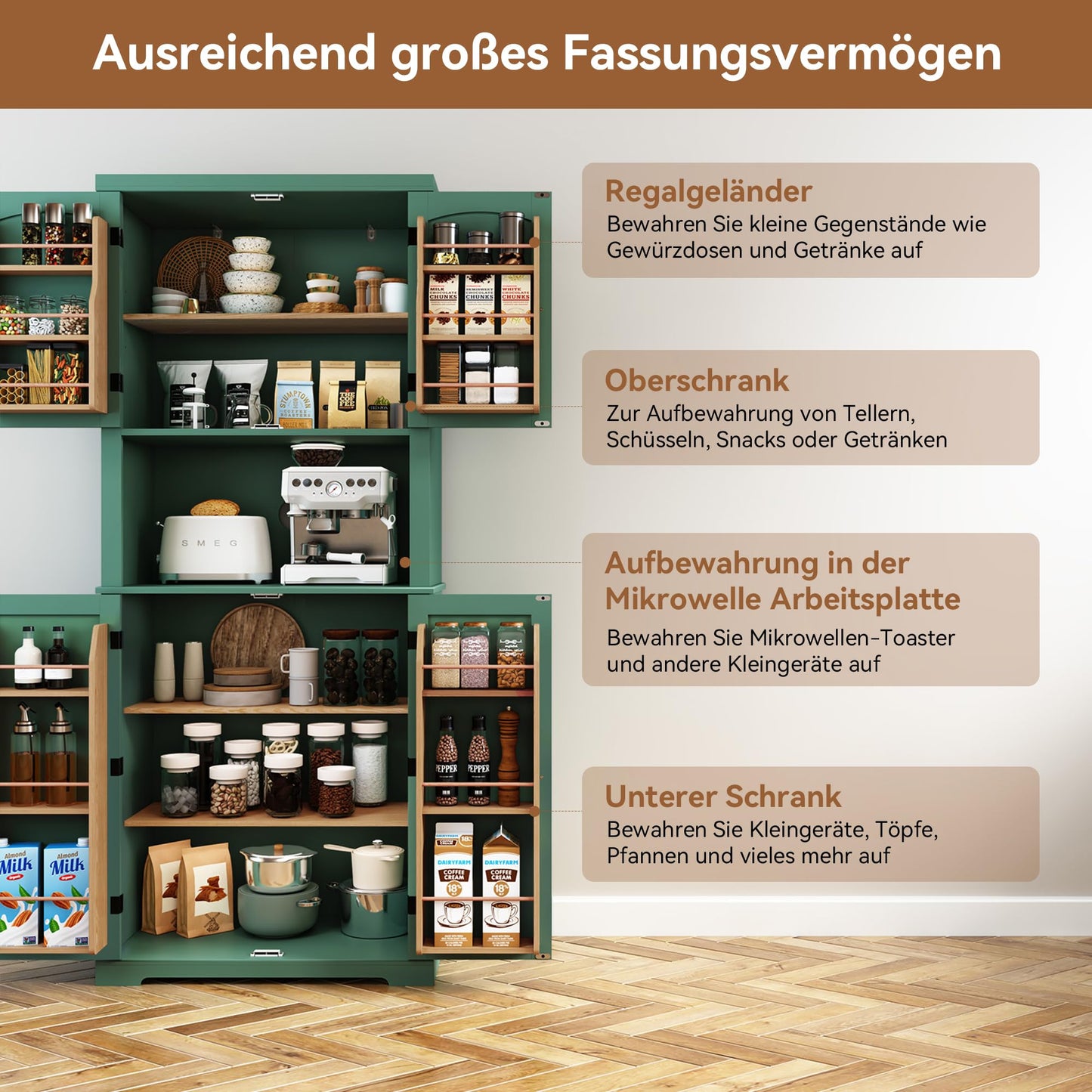 HOLTICO Küchenschrank mit Arbeitsplatte, Hochschrank Küchenbuffet Buffetschrank, Esszimmerschrank, Speisekammer mit Türen und Regalen für Esszimmer, Wohnzimmer, Waschküche,Schwarz