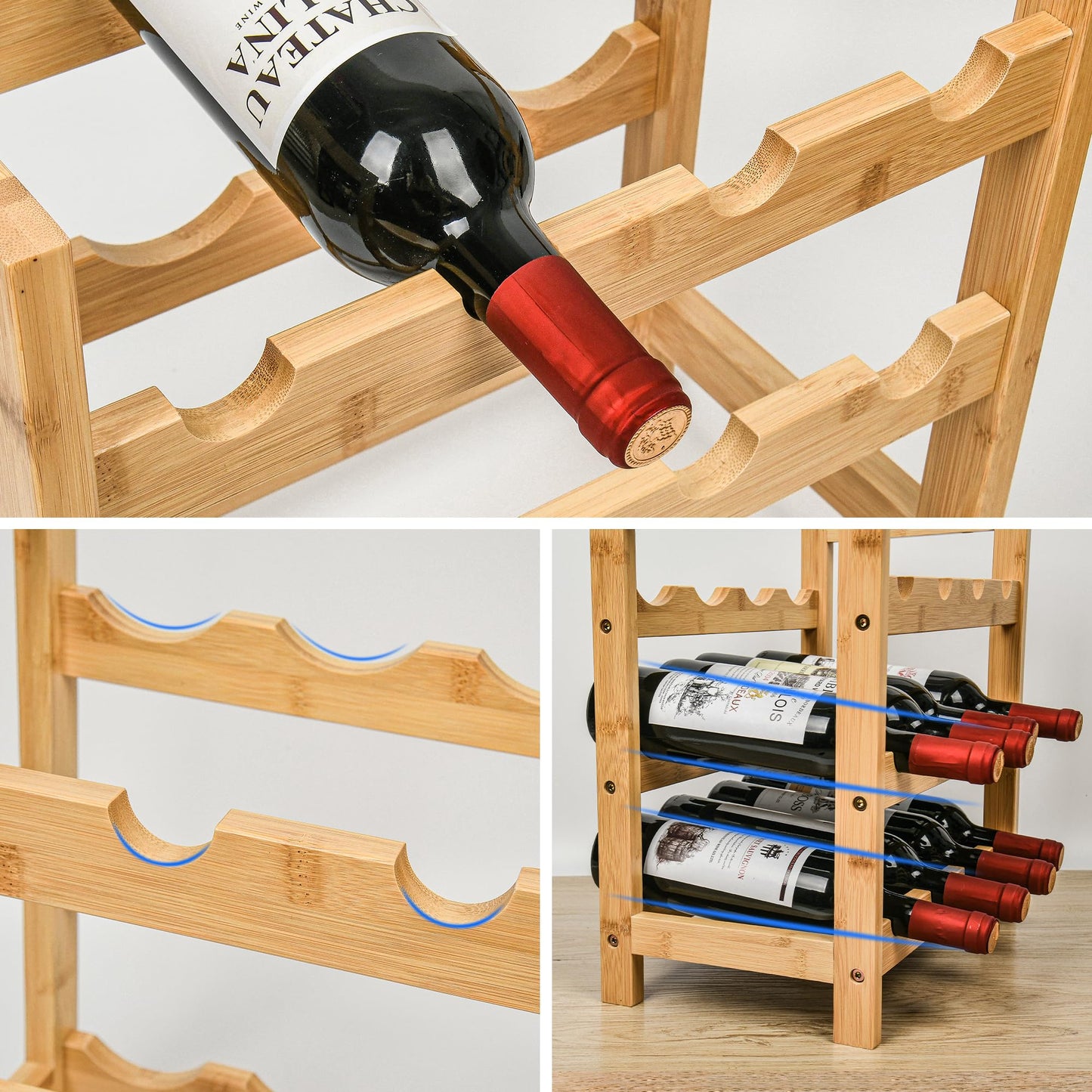 VASMIA Bamboo Wine Rack for 24 Bottles, Bottle Rack with 6 Levels for Cellar, Kitchen, Bar, Dining Room, Bottle Holder Wood with Table Top 41 x 24 x 81 cm, Natural