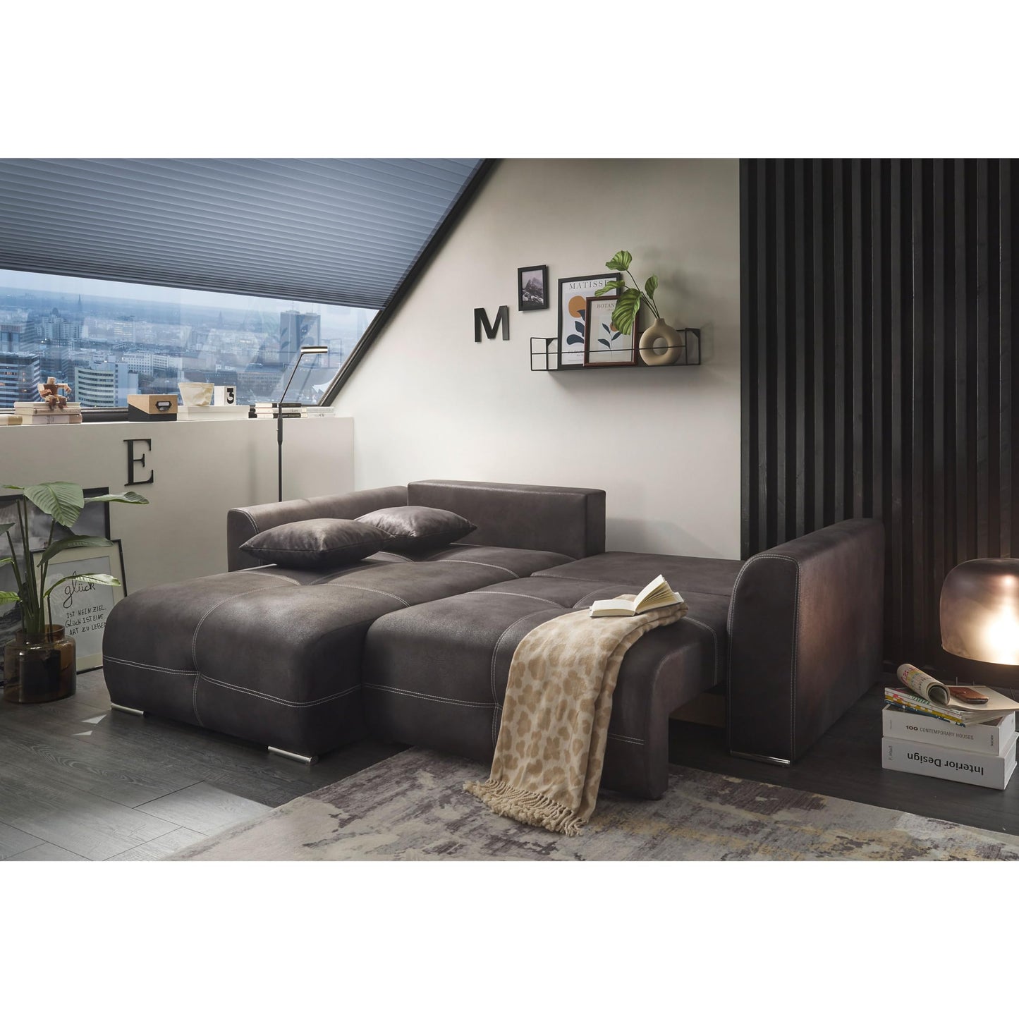Dolan Comfortable Sofa Bed in Leather Look with Bed Box, Light Brown, Extendable Sofa with Sleep Function, 245 x 85 x 115 cm (W x H x D)
