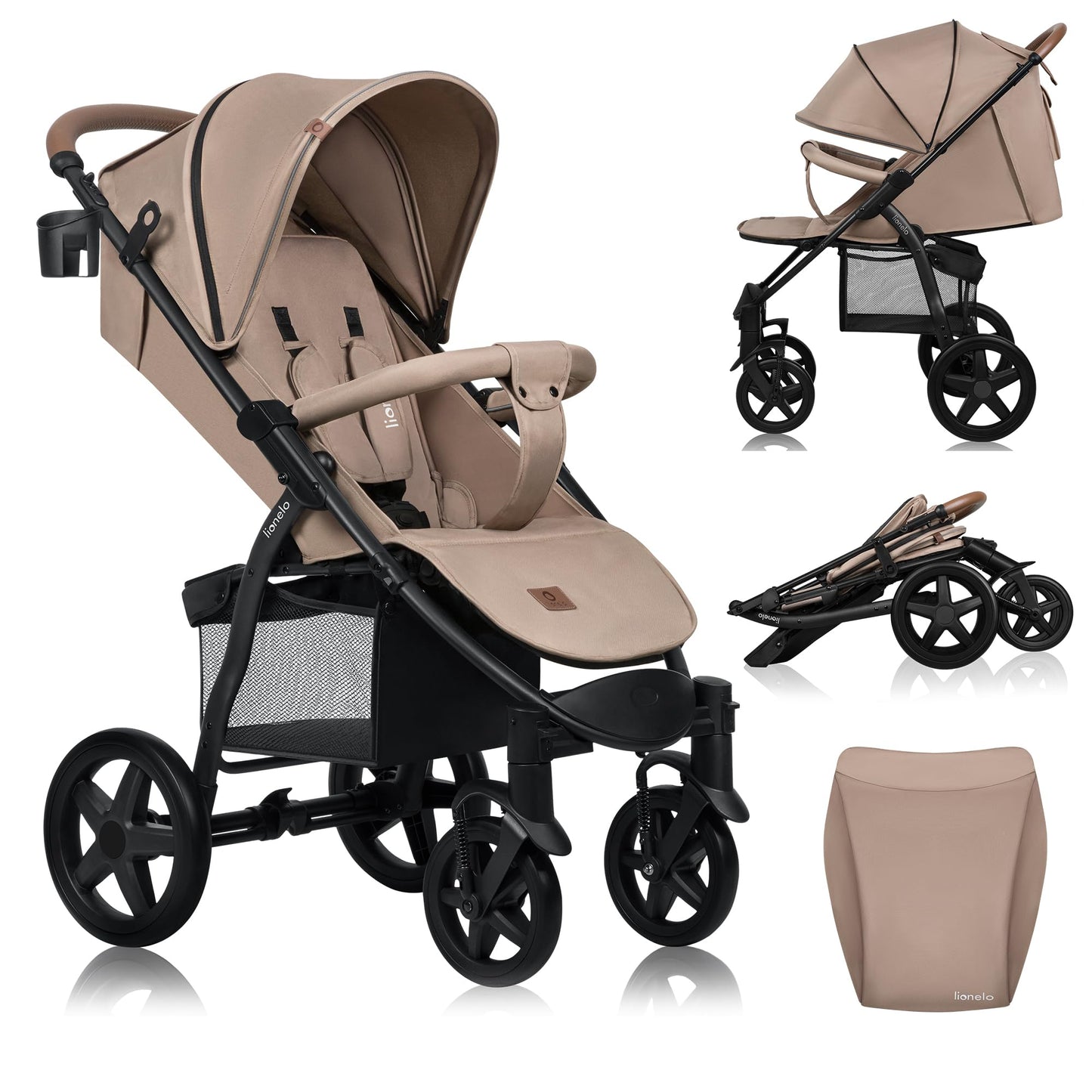 LIONELO Annet Buggy up to 22 kg with Reclining Function, Small Folding Pushchair with Accessories, EVA Foam Wheels, Mosquito Net, Foot Cover Drink Holder, Basket