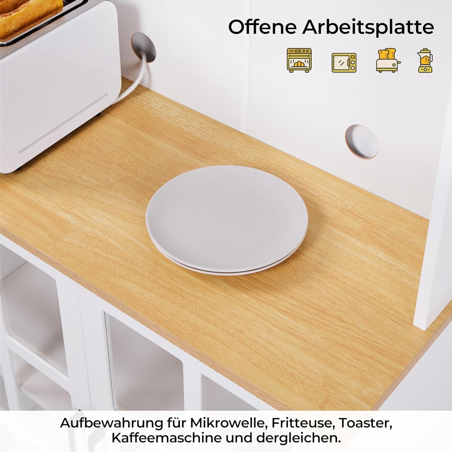 Yaheetech Kitchen Cabinet, Tall Cabinet with Cabinet, Multi-Purpose Cabinet with Adjustable Shelves, Storage Cabinet with Glass Doors, Cupboard with Open Shelves, White