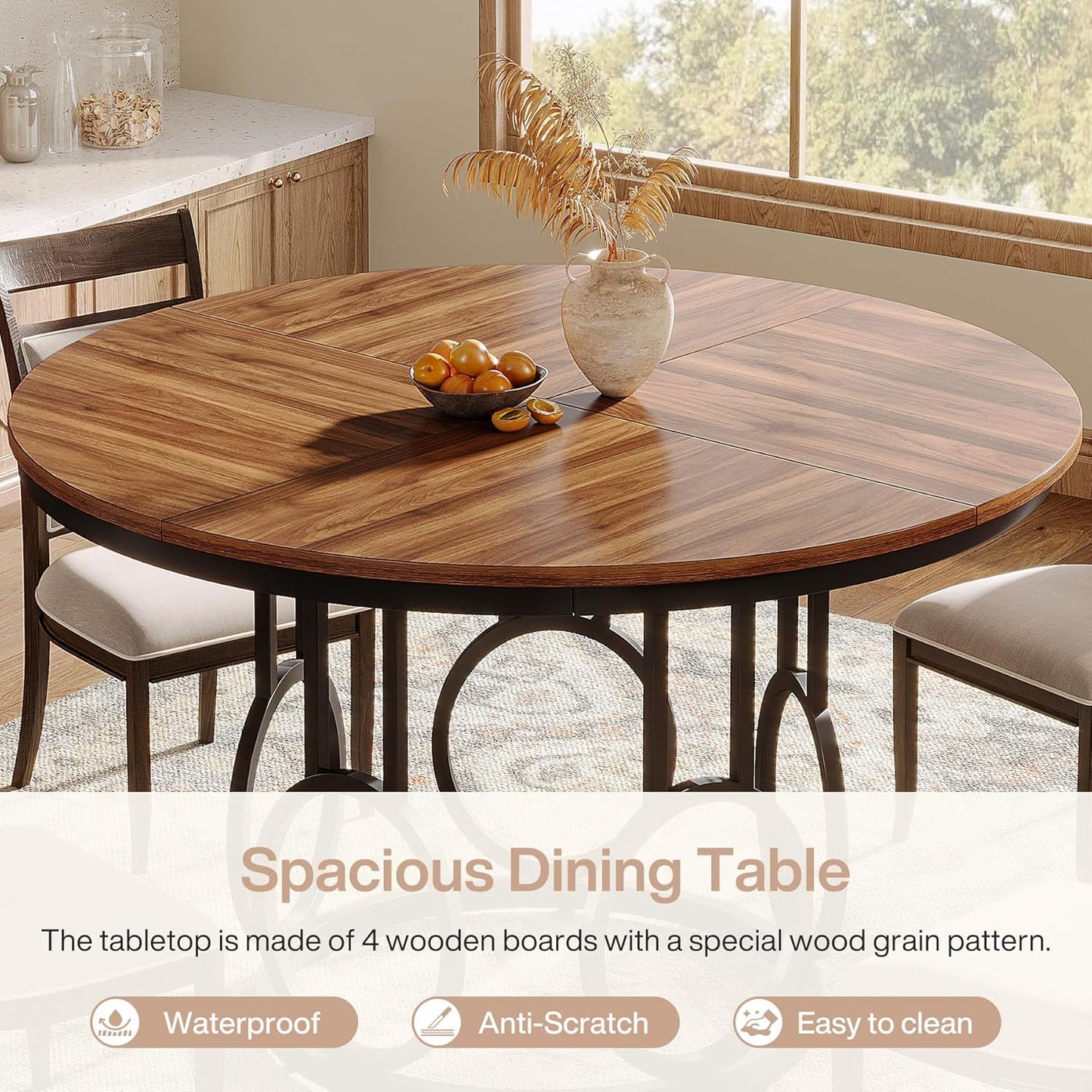 Tribesigns Round Dining Table 47 Inch Wooden Kitchen Table with Sturdy Metal Base for 4-6 People Large Round Dining Table for Dining Room Kitchen Living Room (Brown & Black, Desk Only)