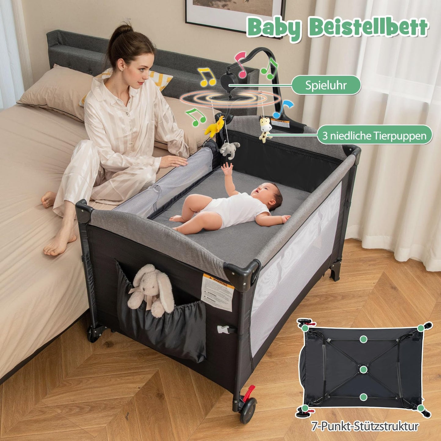 DREAMADE 5-in-1 Baby Travel Cot, 120 x 60 cm, Side Bed with Mattress & Changing Table, Music Box & Toy, Height-Adjustable Baby Bed for Baby from Birth (Dark Grey)