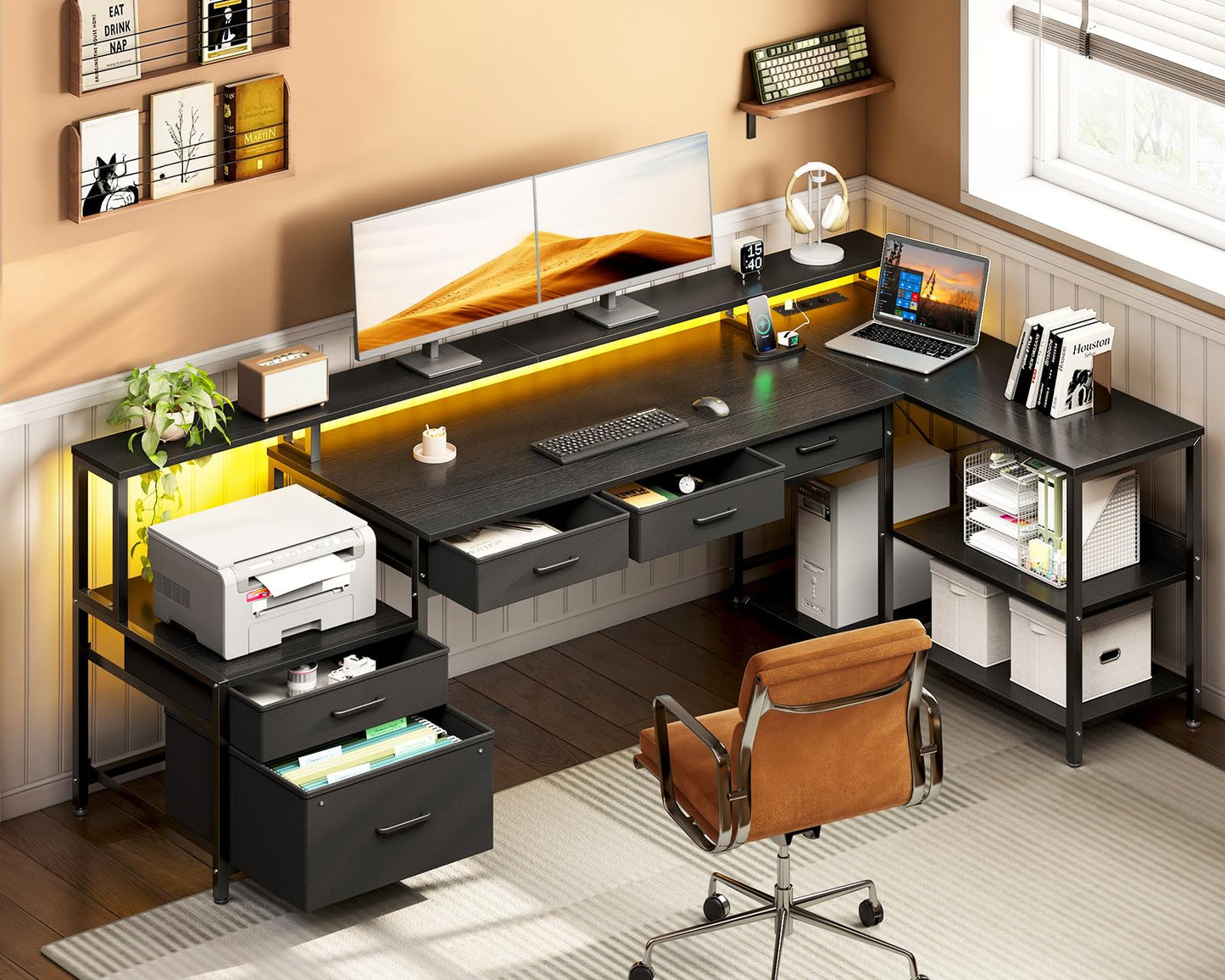 Coleshome L Shape Desk with Drawers, 195 x 100 cm Gaming Table with Socket, LED & Monitor Stand, Reversible Corner Desk with Storage Space, Computer Desk with Shelf for Office, Black