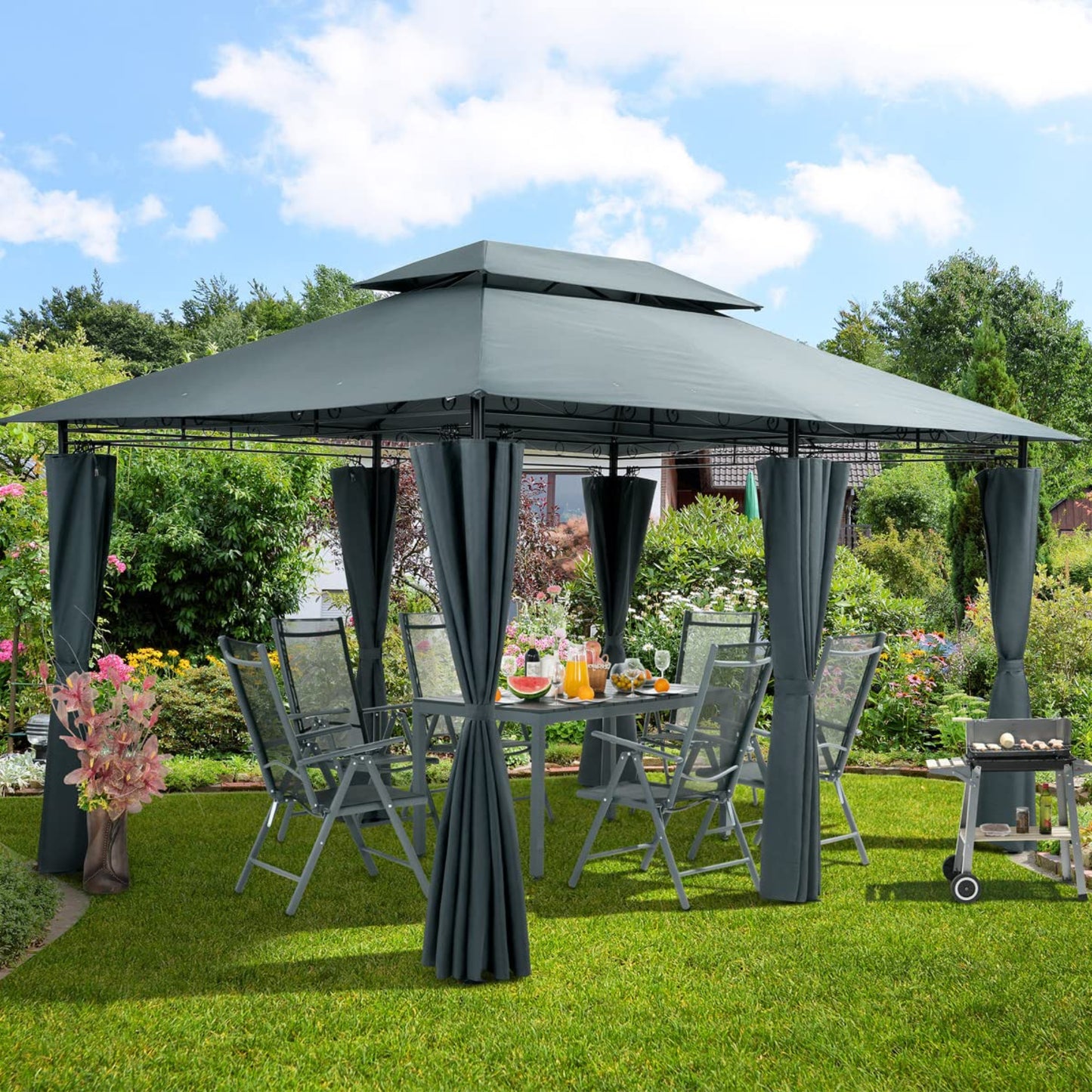 Casaria® Pavillon Topas 3x4m Metall Wasserabweisend UV-Schutz 50+ mit Seitenteile Stabil Gartenpavillon Luxus Modern Taupe