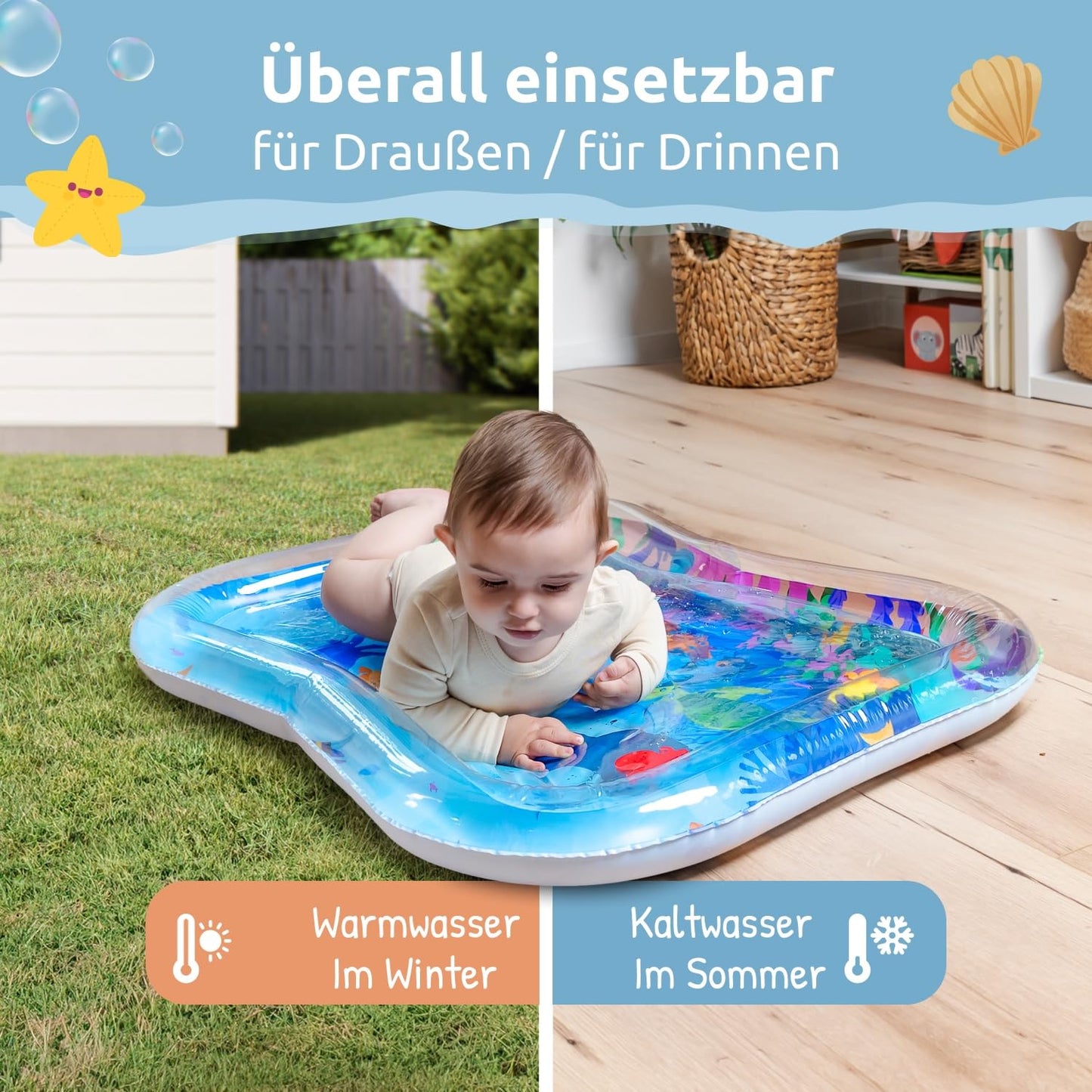 Mallie® Wassermatte Baby 66x50 CM [100% BPA & Schadstoff-Frei] ab 3, 6 und 9 Monate im Ozean Blau Design I Baby Spielzeug, Spielzeug Ab 6 Monate als Wassermatte Baby und Baby Spielzeug 6 Monate