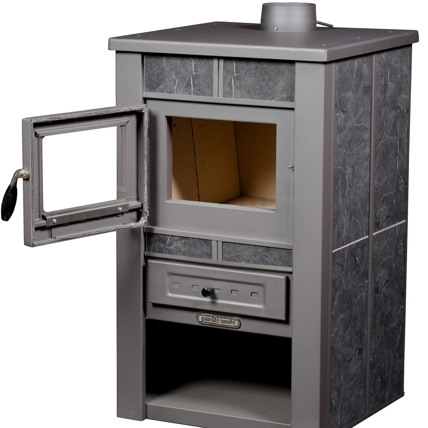 ProTermo Alpina Ceramic Mocha Fireplace with Fireclay Stone - 8 kW Heating Output - 50 x 48 x 82 cm Wood Stove with Viewing Window - Type 1