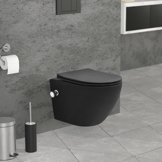 LuxeBath Wall-Mounted Toilet Rimless with Bidet Function, White, Deep Washdown Ceramic Hanging Toilet, Long 53.5 cm, Shower Toilet Nano Coating, Tornado Flush, Shiny Toilet Bowl Hanging with Toilet