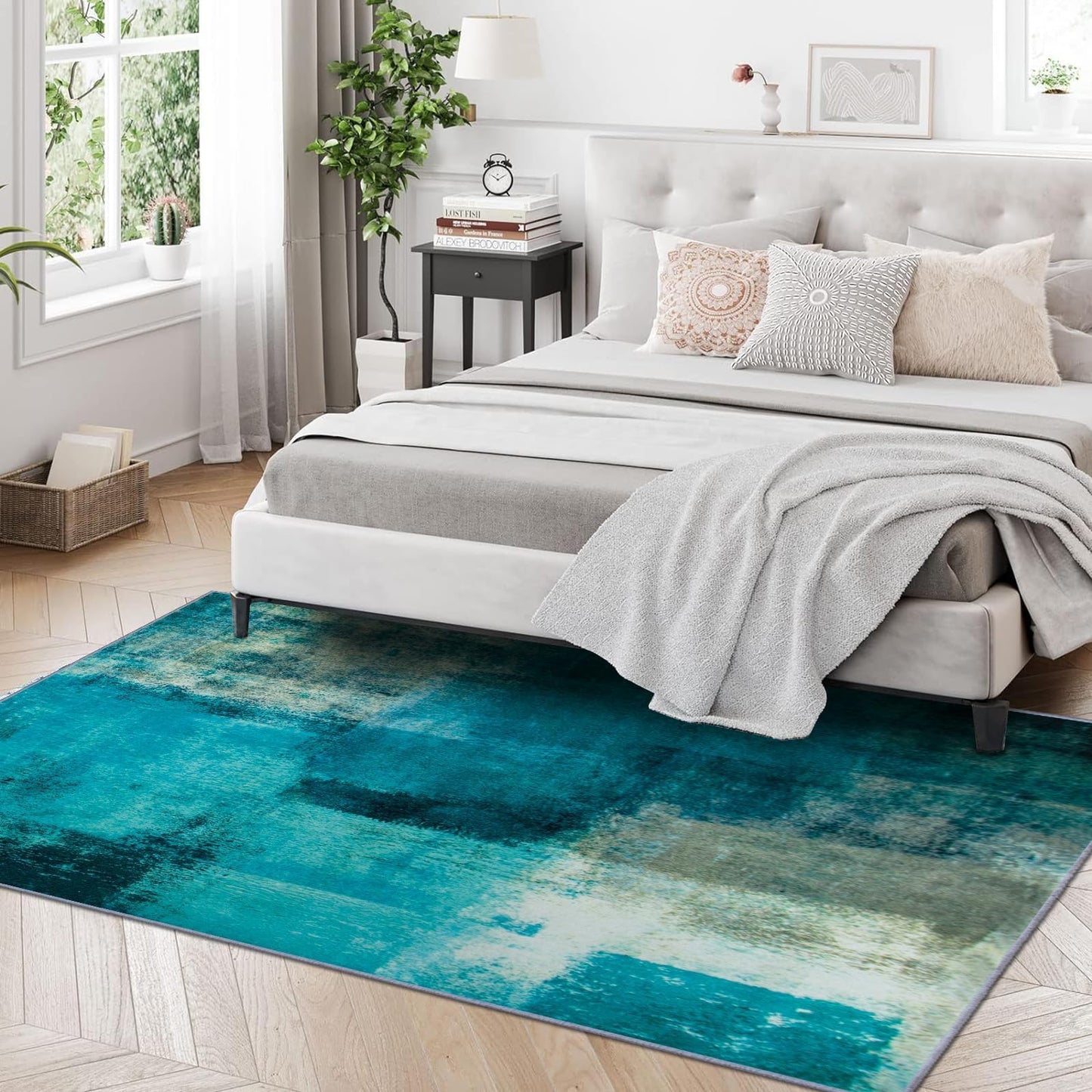 TYJDTYR Wohnzimmer Teppich 140 x 200 cm Modern Abstrakt Grau, Kurzflor, Waschbar für Schlafzimmer Esszimmer Dekorative Blau