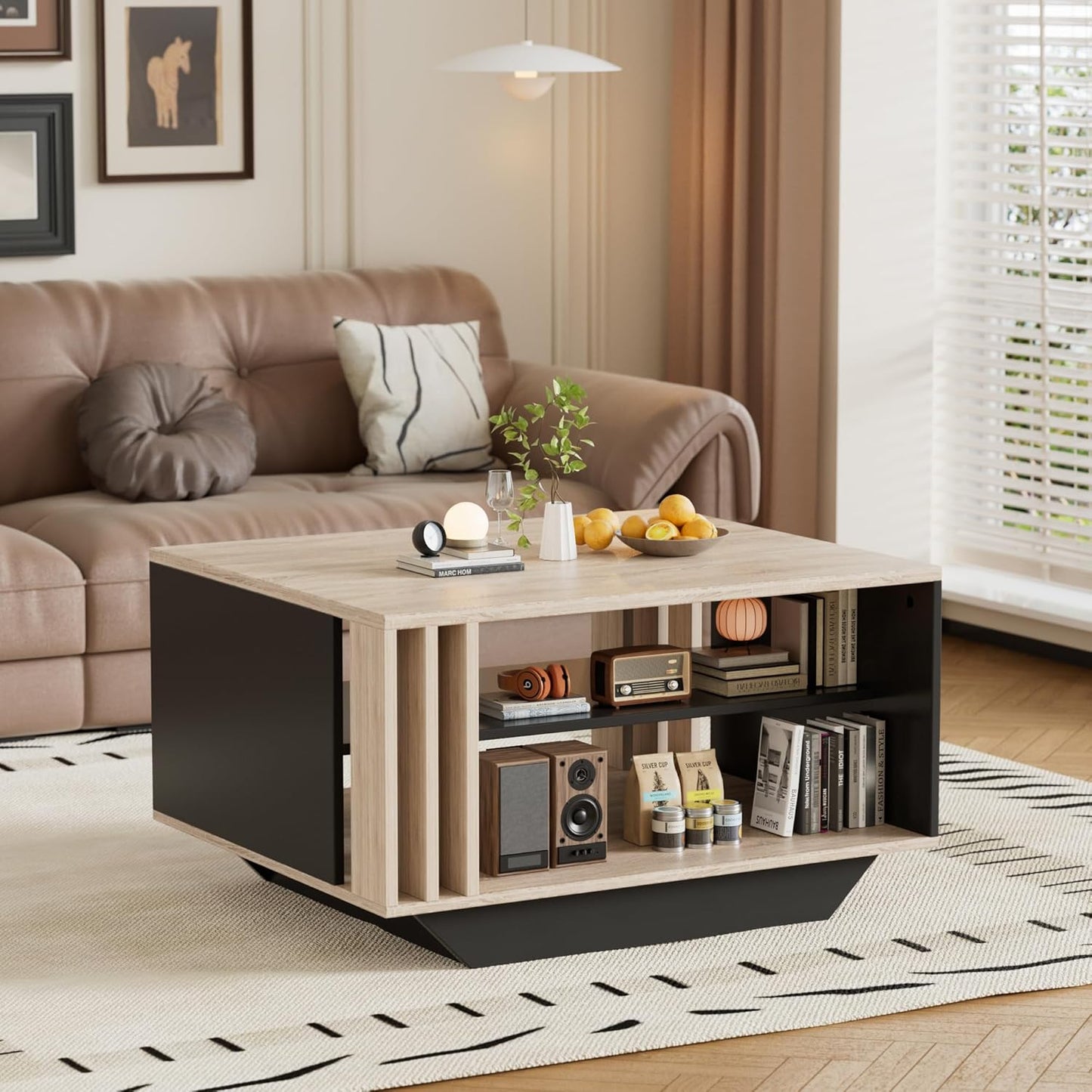 MSFE LED Coffee Table, Modern Living Room Table with Storage Space, Modern Table Living Room with Slats, 80 x 60 x 45 cm, Sofa Table, Living Room Table for Living Room/Dining Room, Living Room