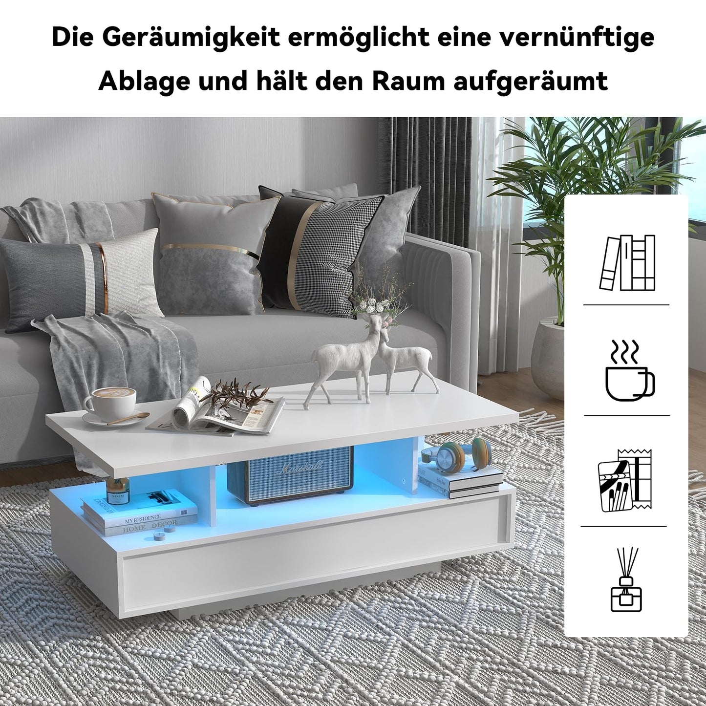 YU YUSING LED Coffee Table, Living Room Table, Coffee Table with 2 Drawers, 2 Shelves, 6000 Coloured LED Lighting, Remote Control, App Control, Side Table with Open, 105 x 50 x 39 cm, Modern White