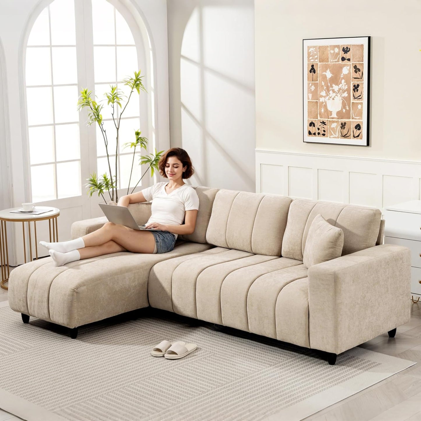 HOMCOM Corner Sofa, 3 Seater Couch with Reversible Chaise Longue, Cushion, L Shape Sofa, Padded Corner Couch with Linen Look for Living Room, Bedroom, 242 x 156 x 87 cm, Beige