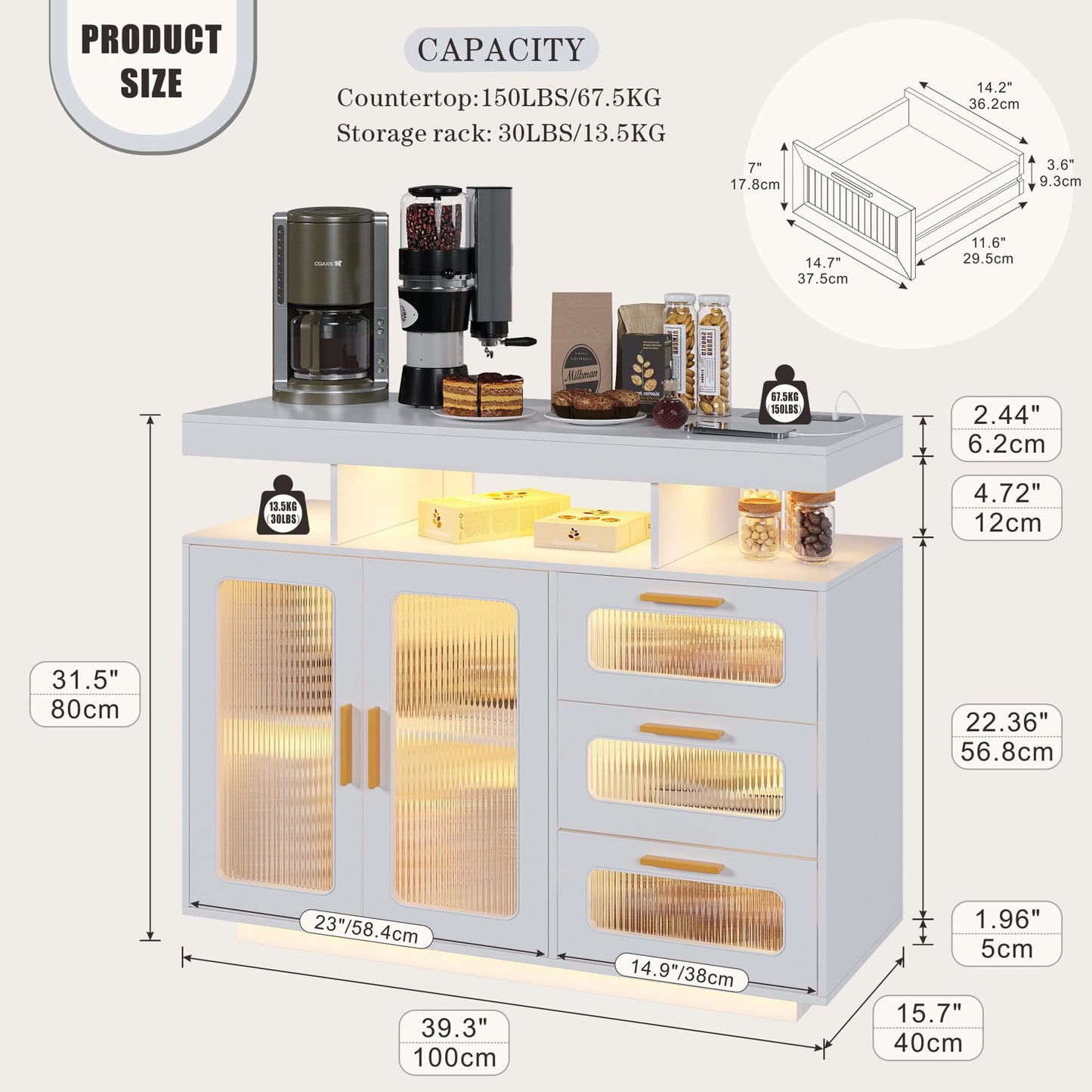 FREDEES RGB Kitchen Cabinet with Charging Station & LED Lighting, Sideboard Buffet Cabinet with Storage Space for Kitchen and Dining Room, Grey