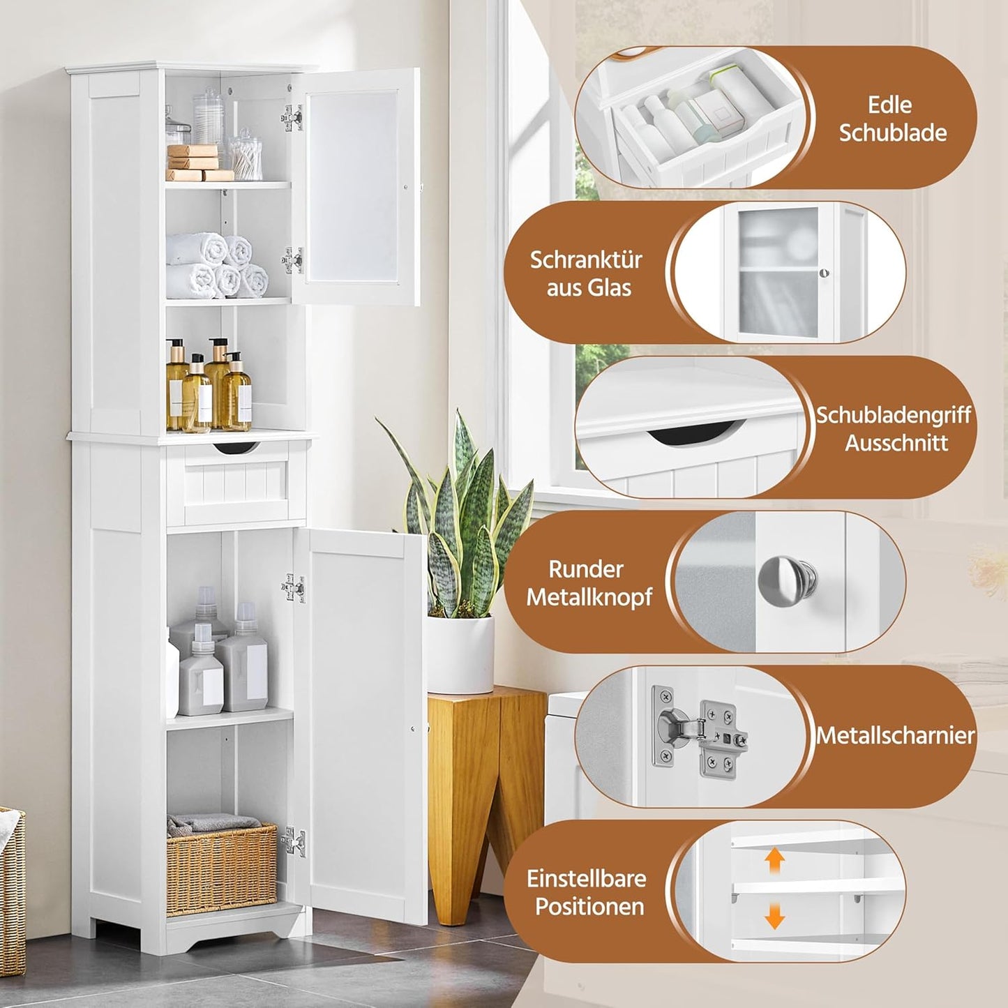 Yaheetech Badezimmerschrank Hochschrank Badschrank mit Schublade & 2 Türen und verstellbarem Einlegeboden Aufbewahrungsschrank Küchenschrank für Badezimmer/Wohnzimmer/Küche, 40 * 30 * 170 cm