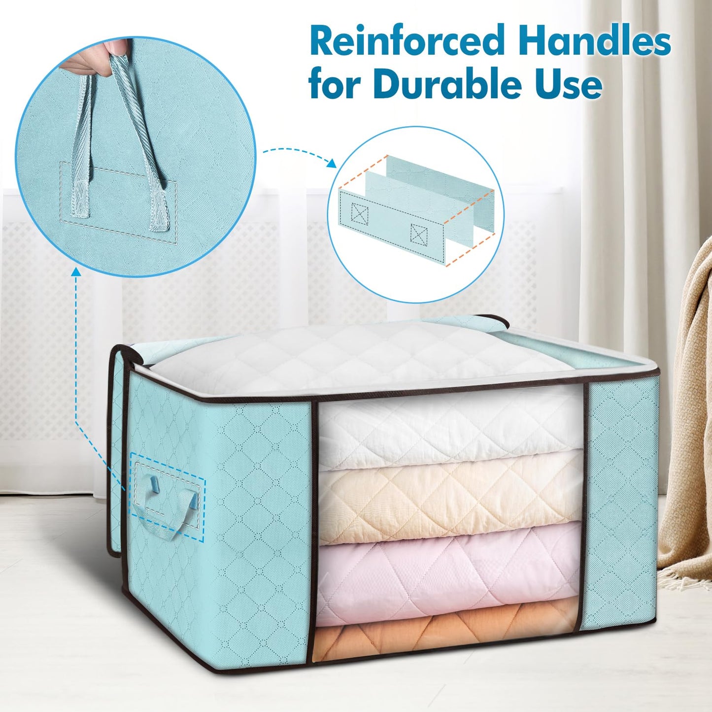 Budding Joy Pack of 6 90 L Storage Bags, Storage Boxes with Lid, Large, Clothes Storage, Moving Boxes, Foldable Underbed Wardrobe for Clothes, Duvets and Bedding, Grey