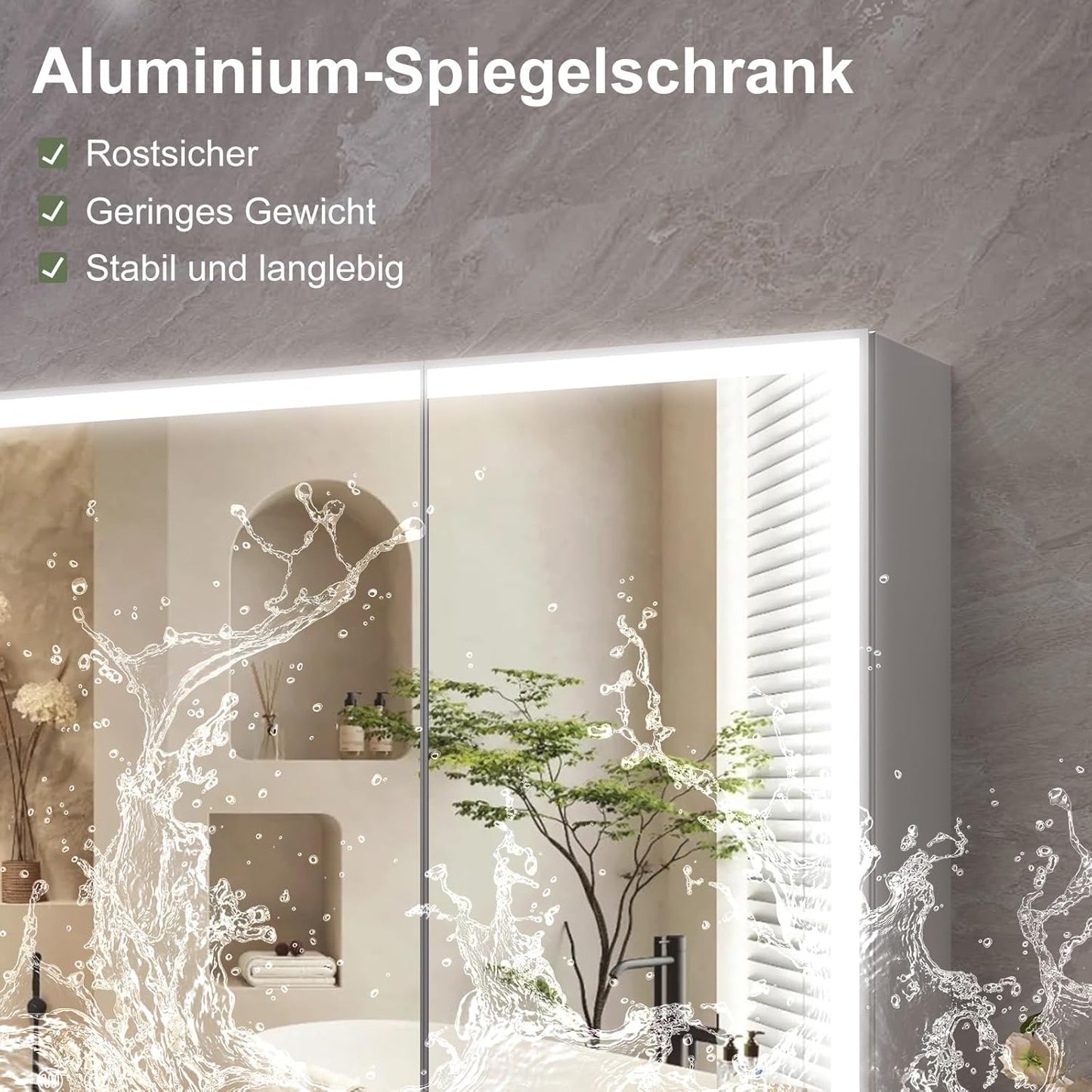 Aovquof Mirror Cabinet with Lighting - 90 x 60 cm Bathroom Mirror Cabinet with Storage Space, Bathroom Mirror Cabinet with Adjustable Dimmable LED Lights with Demist Function, Modern Cream Colour