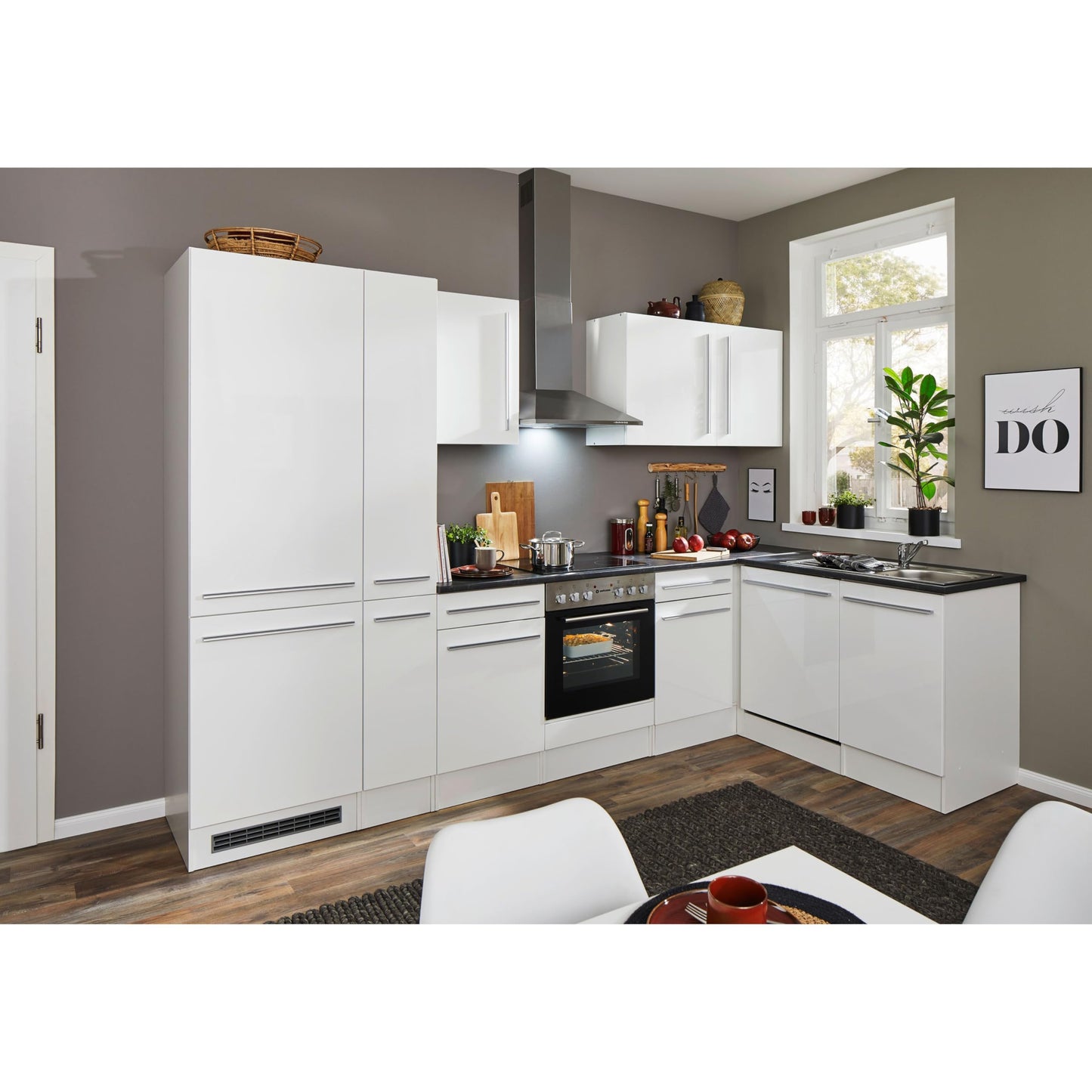 Jazz 8 Modern Corner Kitchen without Electrical Appliances in White High Gloss, Metallic Grey - Spacious Kitchen Unit in L-Shaped with Lots of Storage Space - 220 x 211 x 60 cm (W x H x D)