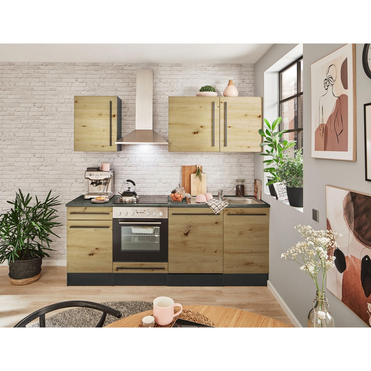 Jazz 8 Modern Kitchen Unit without Electrical Appliances in Anthracite, Artisan Oak Look, Spacious Fitted Kitchen with Lots of Storage Space, 220 x 211 x 60 cm (W x H x D)