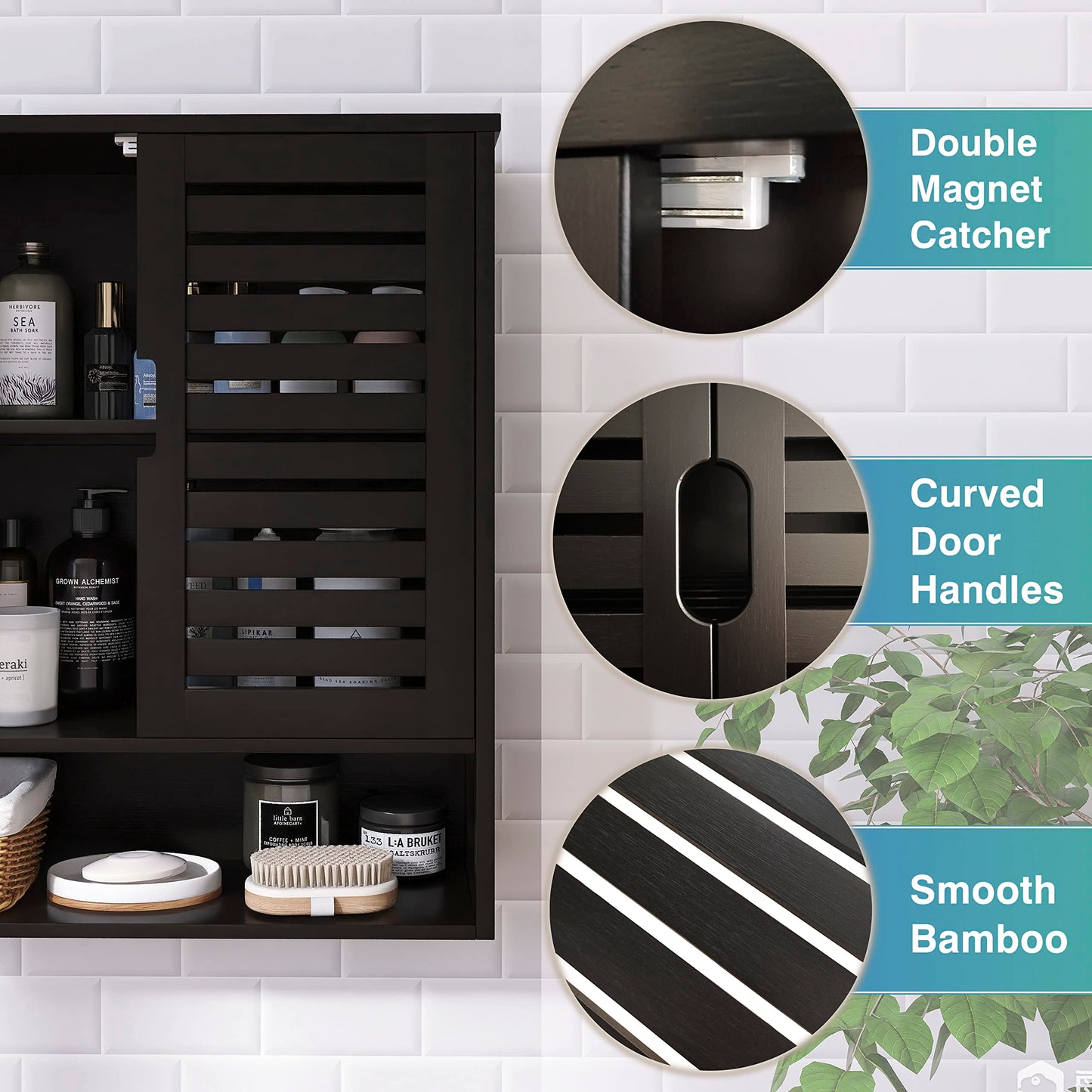 SMIBUY Bathroom Cabinet, Wall Mounted, Bamboo Over the Toilet Storage Organiser, Space Saving Medicine Cabinet with 2 Doors and Adjustable Shelves (Black)