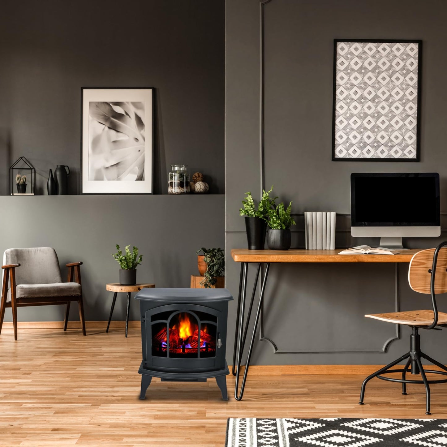 alpina Vicenza Electric Fireplace with Heater, Electric Heater 2000 W, Fireplace with Heater, Remote Control and Timer, Electric Stove with LED Flames, Freestanding, Black, 1800 W