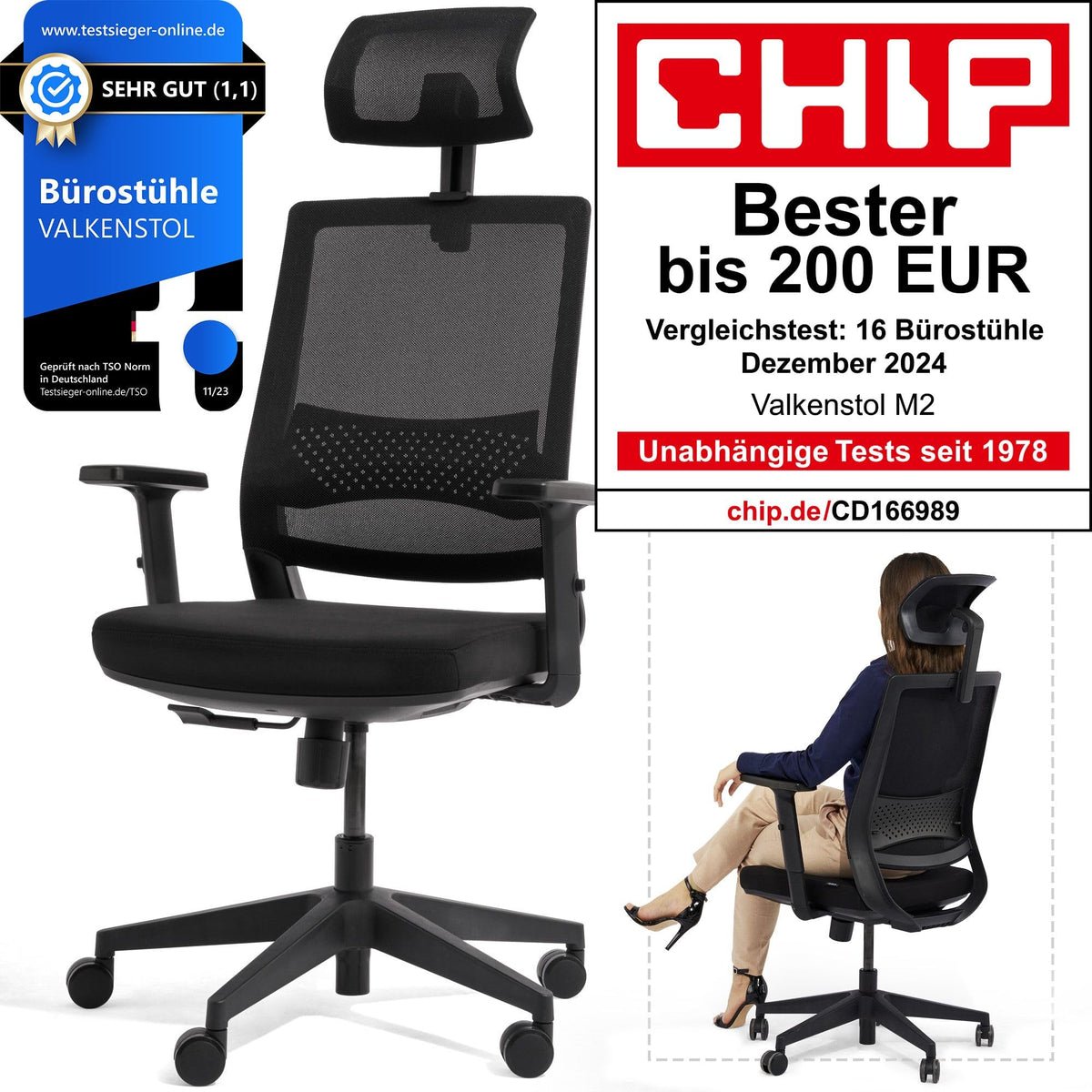 M2 Ergonomic Office Chair, Test Winner with Adjustable Armrest without Headrest for Maximum Freedom of Movement, Back-Friendly, Comfortable Desk Chair for Office and Home Office Chair