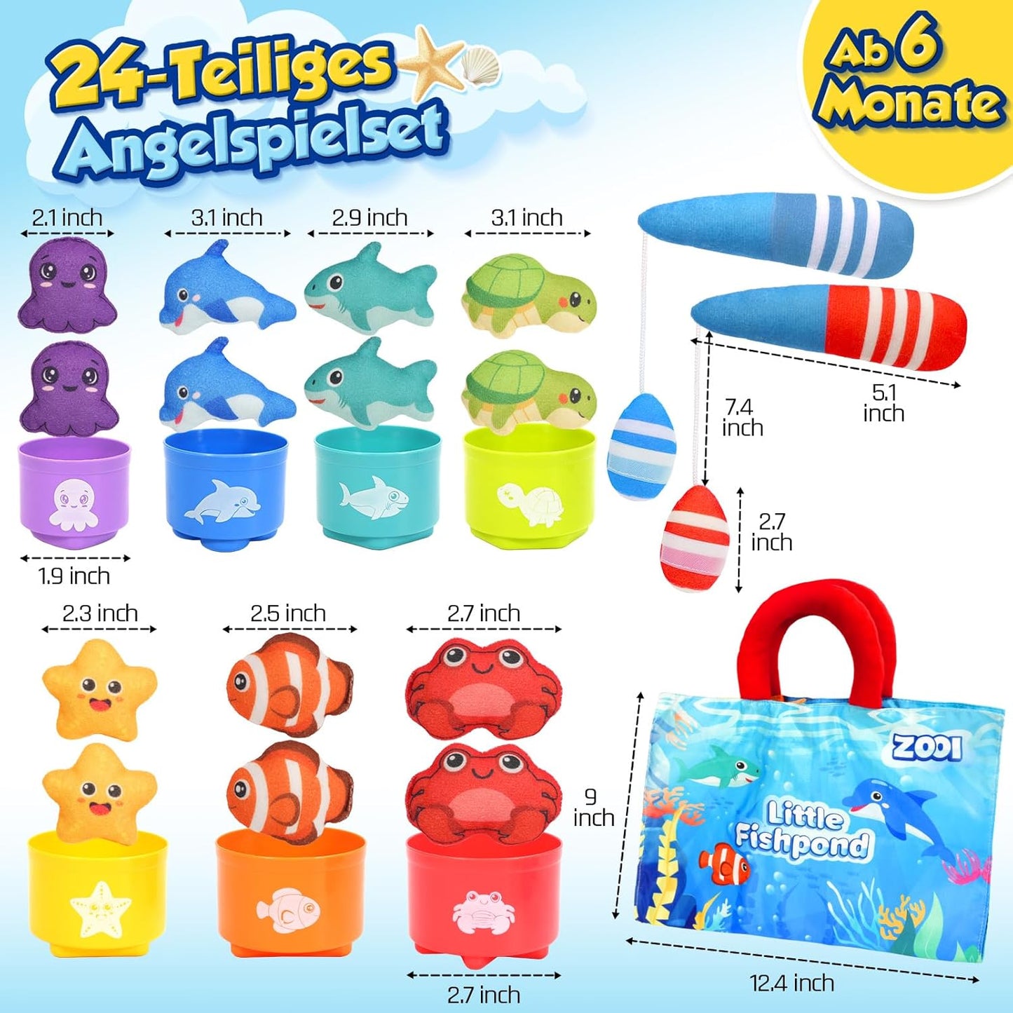 ZOOI Montessori Toy from 1 Year, 5 in 1 Motor Skills Toy Fishing Game, Toy from 1 2 3 Children Year, Gifts for Girls and Boys, Children's Toy from 1 Year, Sensory Motor Skills Toy