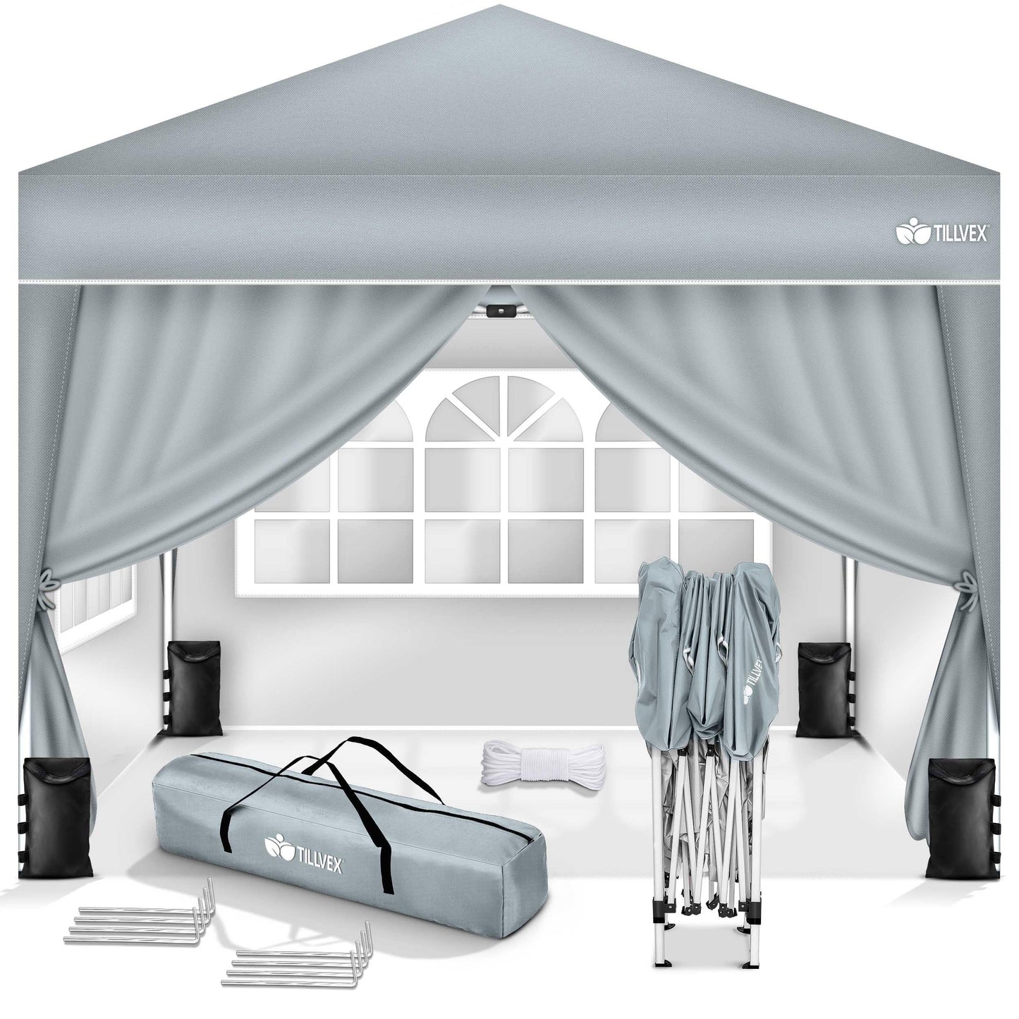 tillvex Gazebo 3 x 3 m Waterproof with 4 Side Panels + Set of 4 Sandbags Pop-Up Folding Gazebo Stable & Height Adjustable Garden Tent UV Protection 50+ Party Tent with Bag for Garden, Grey