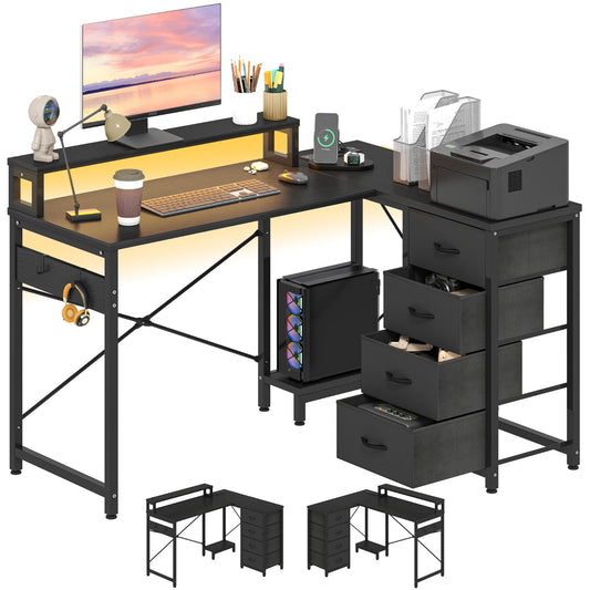 YITAHOME Desk, Reversible Corner Desk with 4 Drawers, L Shape Desk with 2 Sockets and 2 USB Charging Ports, Office Table L Shape with LED, 130 x 100 cm, Corner Table with Monitor Shelf, White