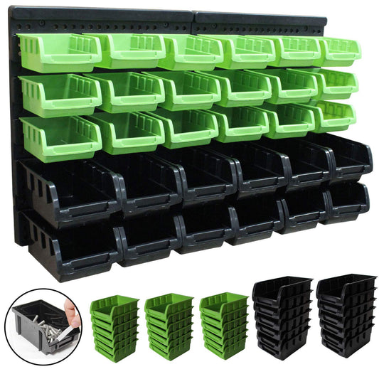 TRUTZHOLM Stacking Boxes with Wall Shelf, 32 Pieces, Small Parts Magazine, Storage Shelf, Assortment Box, Boltless Shelf, Sorting Boxes, Pours with Label Compartment (Red)