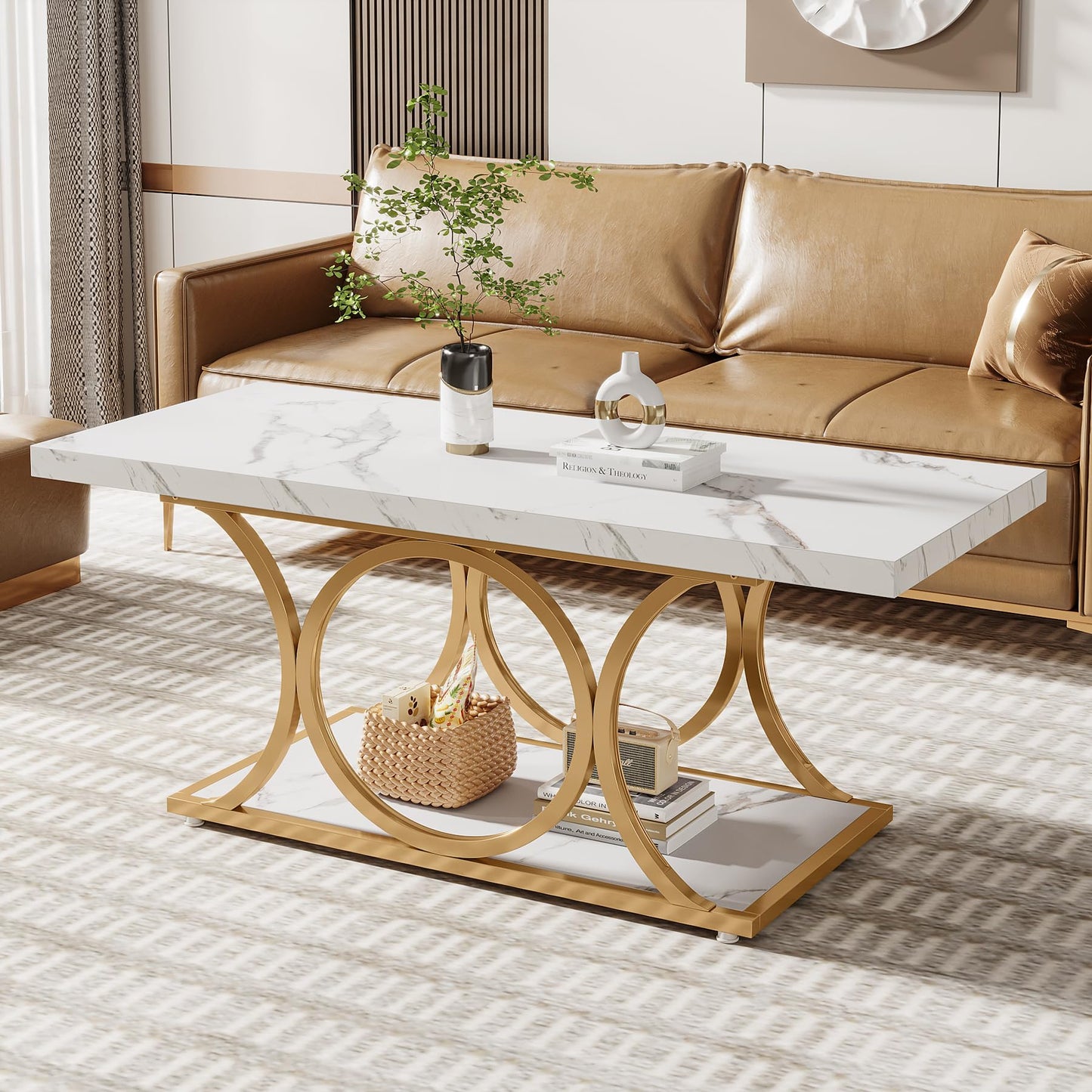Tribesigns Rectangular Coffee Table, 120 cm Modern Living Room Table, 2-Tier Faux Marble Coffee Table with Geometric Legs, Furniture with Storage Compartment (Black and Gold)