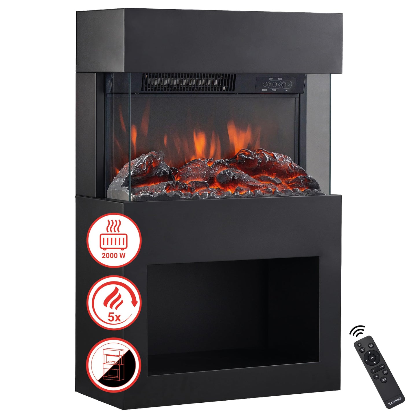Henri Electric Fireplace with Heater, 3D Flame Effect, Wooden Compartment, LED Ambient Light, Remote Control (Black)