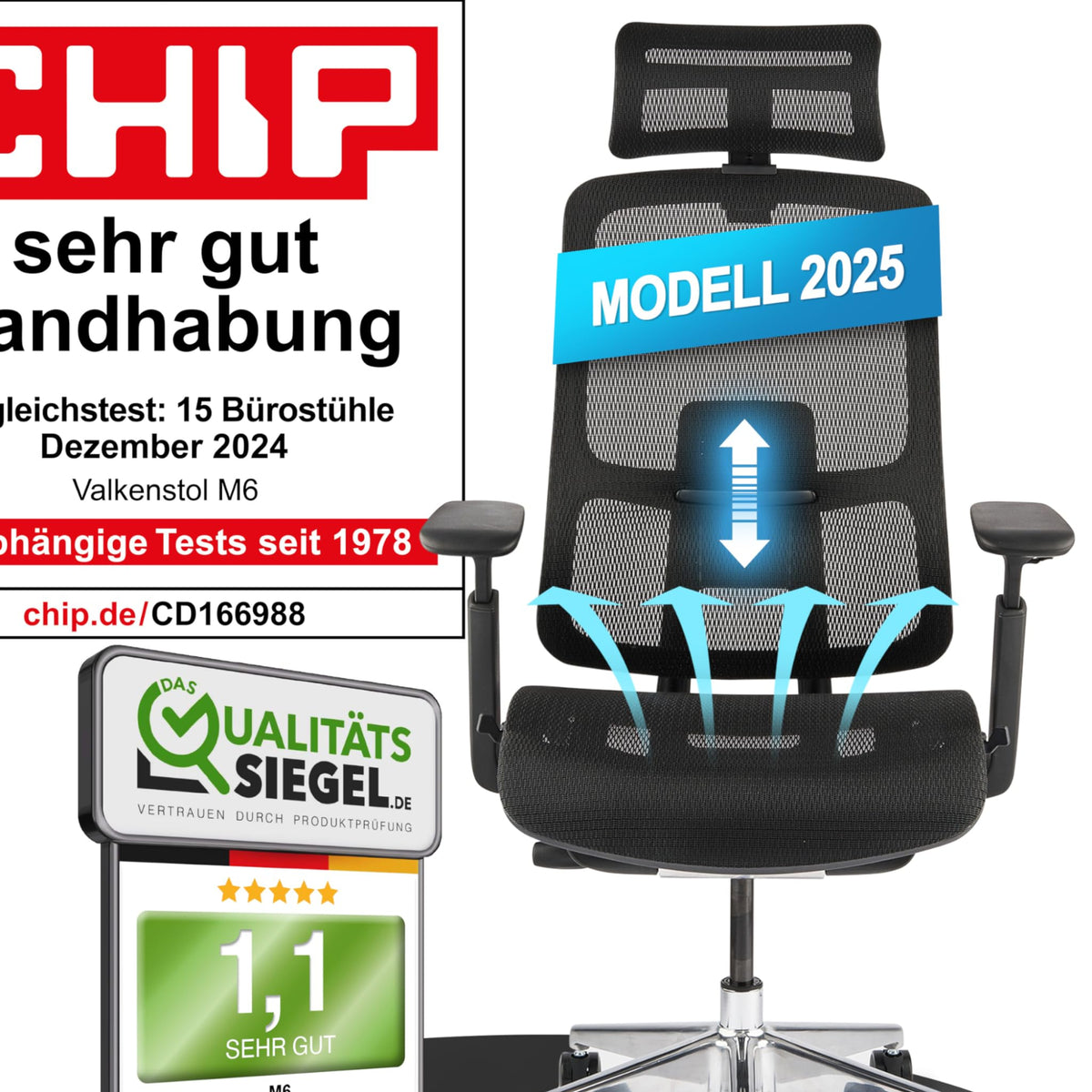 M2 Ergonomic Office Chair, Test Winner with Adjustable Armrest without Headrest for Maximum Freedom of Movement, Back-Friendly, Comfortable Desk Chair for Office and Home Office Chair