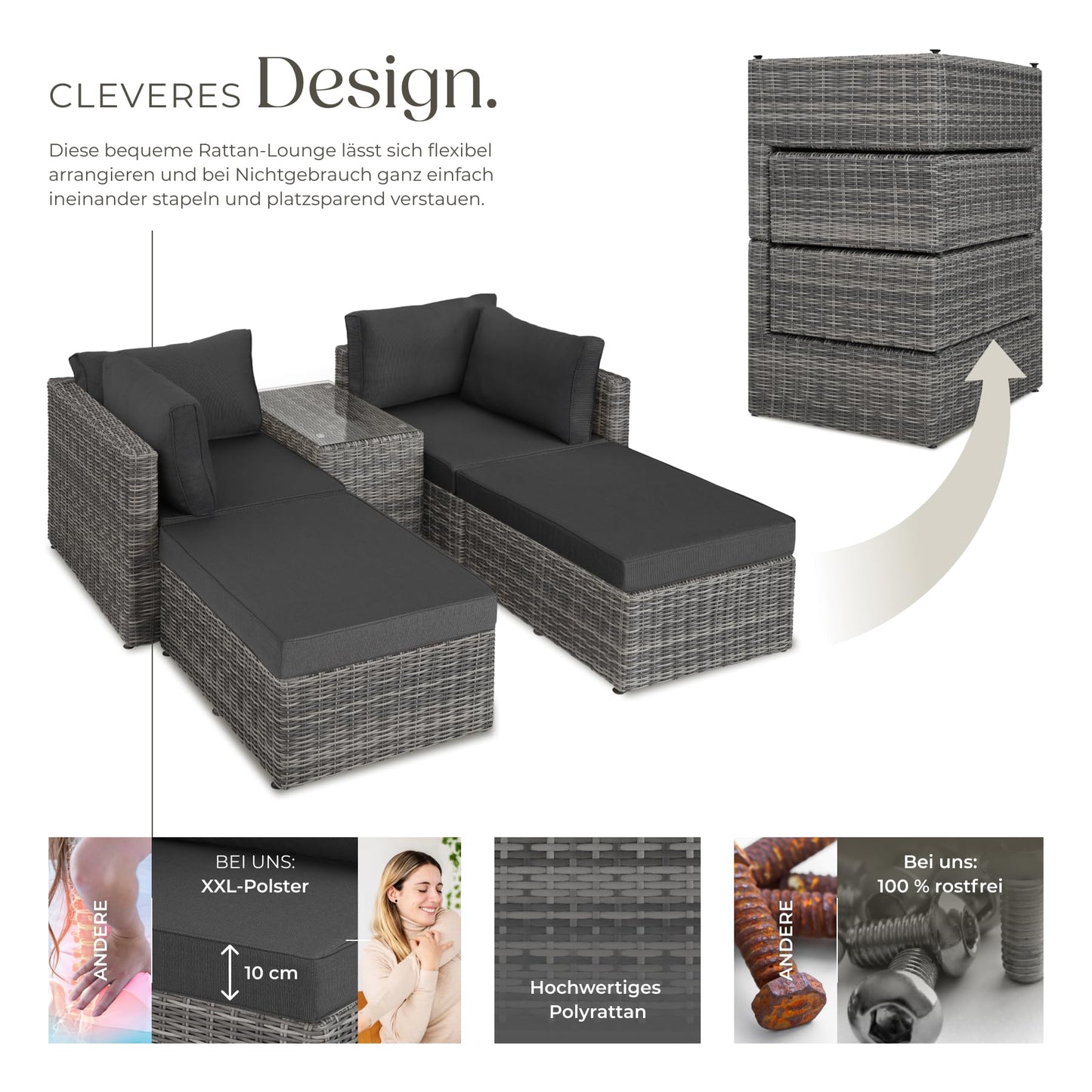 tectake® Luxus Rattan Lounge Set Outdoor, modulares Sofa mit Couch Tisch und Hocker, Balkon Möbel, Garten, Terrasse, Gartenmöbel Set wetterfest, Balkon Lounge, Gartenlounge - Natur