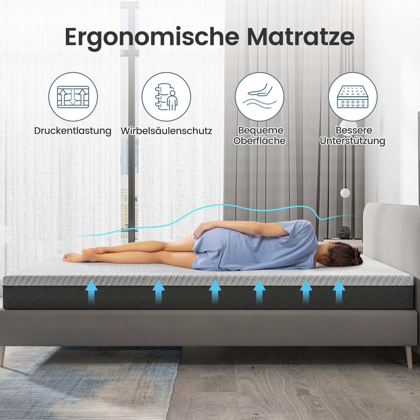 BedStory Mattress 180 x 200 cm Bamboo Charcoal Gel Foam, Height 18 cm, 7-Zone Memory Foam Mattress, Medium Hardness with Support, Removable and Washable Cover (180 x 200 x 18 cm)