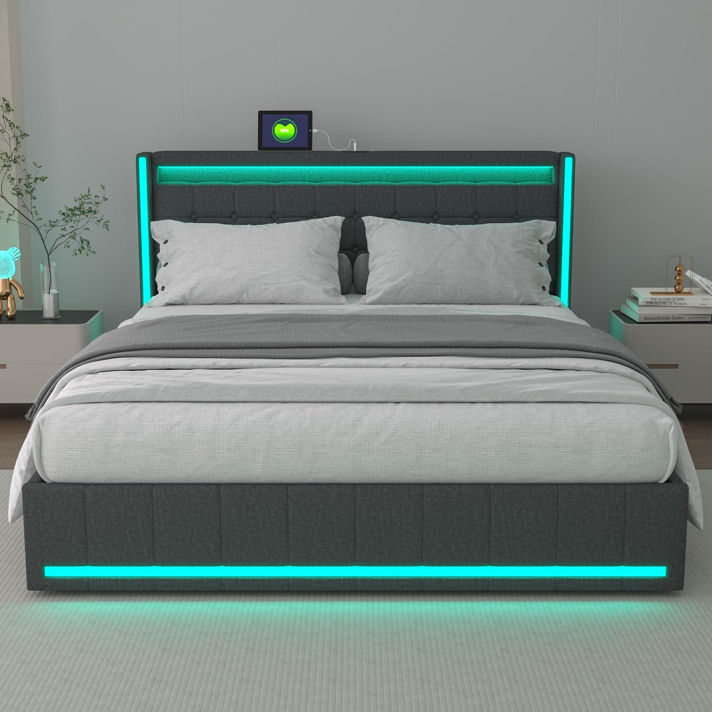 KeepGoon Doppelbett 140 x 200 cm,Polsterbett mit LED-Leuchten, 4 Eisenschubladen und einem USB Ladeanschluss,Stauraumbetten Bettgestell,Leinenstoff (Beige)