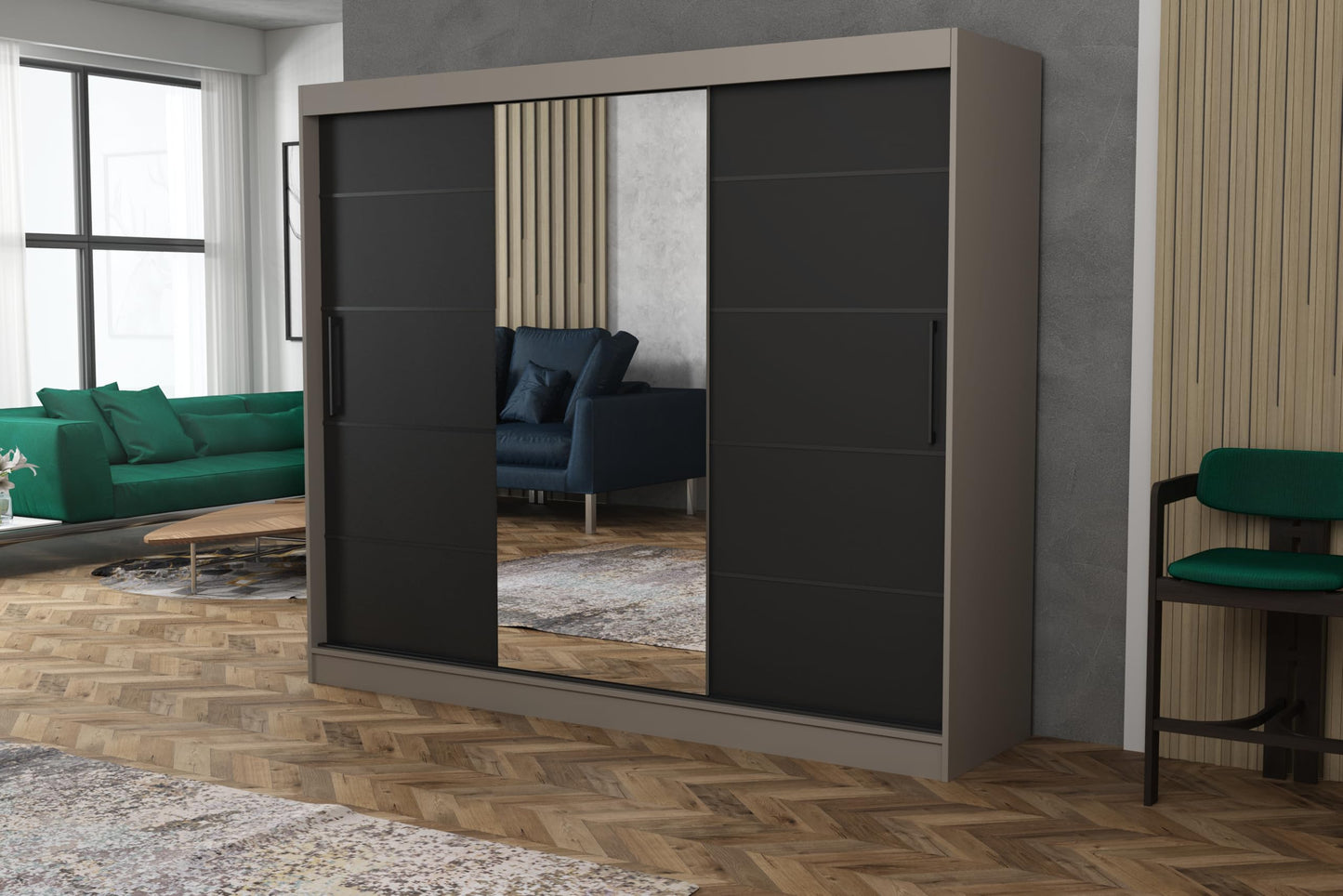 Brent - Kleiderschrank mit Spiegel und Schubladen 235cm Breit Chelsea Tomy, Schwebetürenschrank mit Spiegel, Schlafzimmerschrank, Kleiderschrank Schwarz