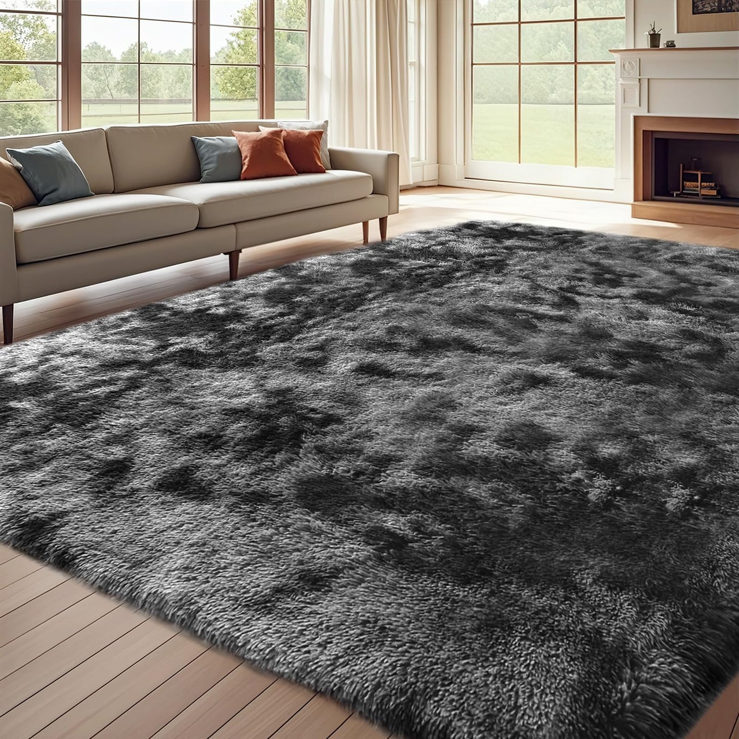 ZRSDIXKI Living Room Rugs 160 x 230 cm, Extra Large Shaggy Soft Rug, Fluffy Area Carpet, Modern Tie-dye Carpet, Washable Rugs for Home Decor, Bedroom, Dorm, Kids Room Lounge Office, Dark Grey
