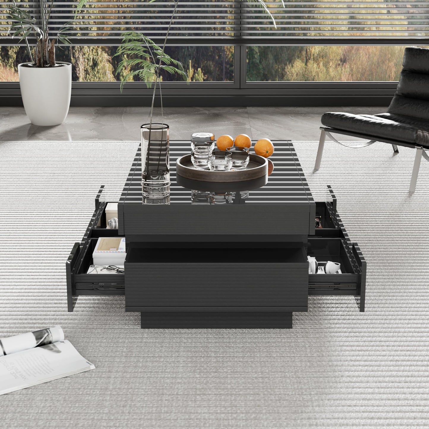 Merax Living Room Table, LED Coffee Table with Storage Space, High Gloss Coffee Table Living Room with Four Drawers, Modern Coffee Table, 80 x 50 x 36 cm, Black