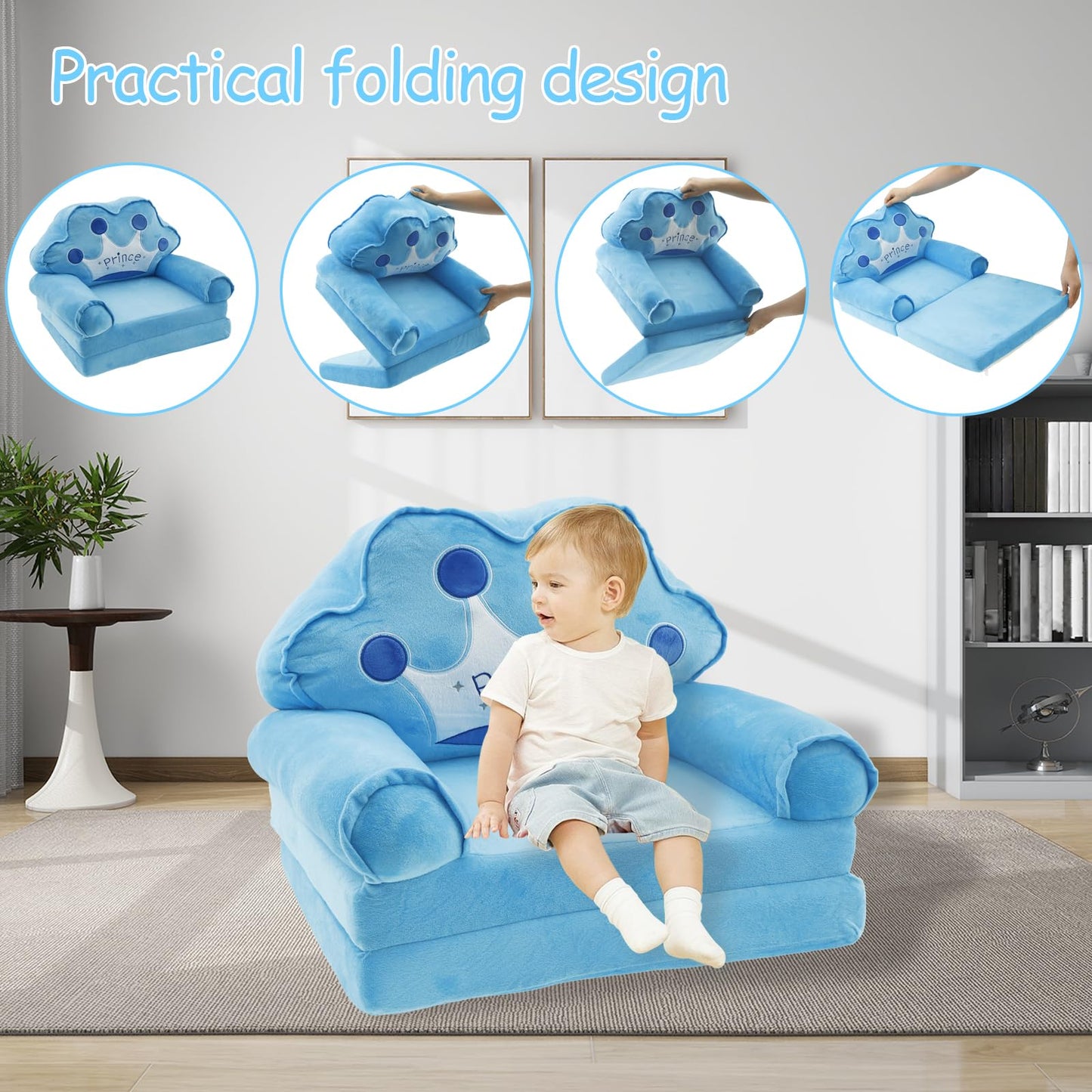 TNTGMG Children's Sofa, 2-in-1 Soft Toddler Chairs with Handle, 80 x 50 cm, Foldable Baby Lounge Chair, Convertible Play Sofa to Deck Chair for 1 to 4 Years Old Girls and Boys Playroom (Pink Crown)