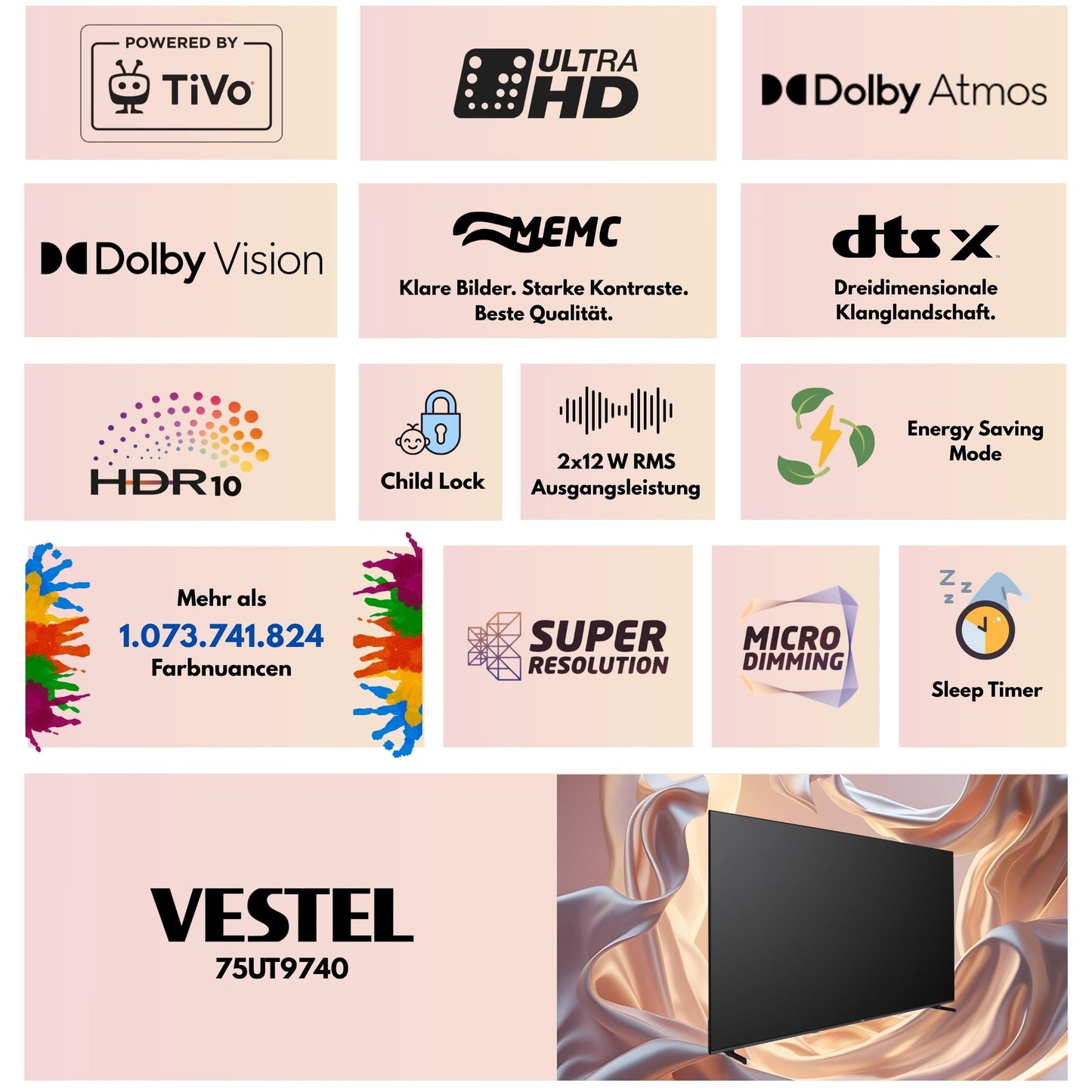 Vestel Fernseher 50 Zoll Smart TV Powered by TiVo, 4K UHD Fernseher mit Dolby Vision HDR, Dolby Atmos und integriertem Triple-Tuner, LED TV 50UT9740 schwarz