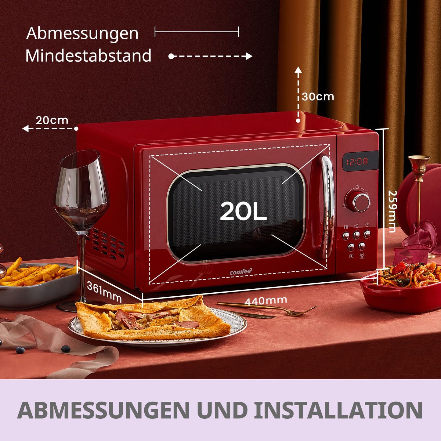 Comfee CMSN 20 si Mikrowelle / Solo-Mikrowelle mit 5 Leistungsstufen/ Innenbeleuchtung/ easy Defrost/360°Drehteller / Zwei Drehregler/20L/700W/ Silber