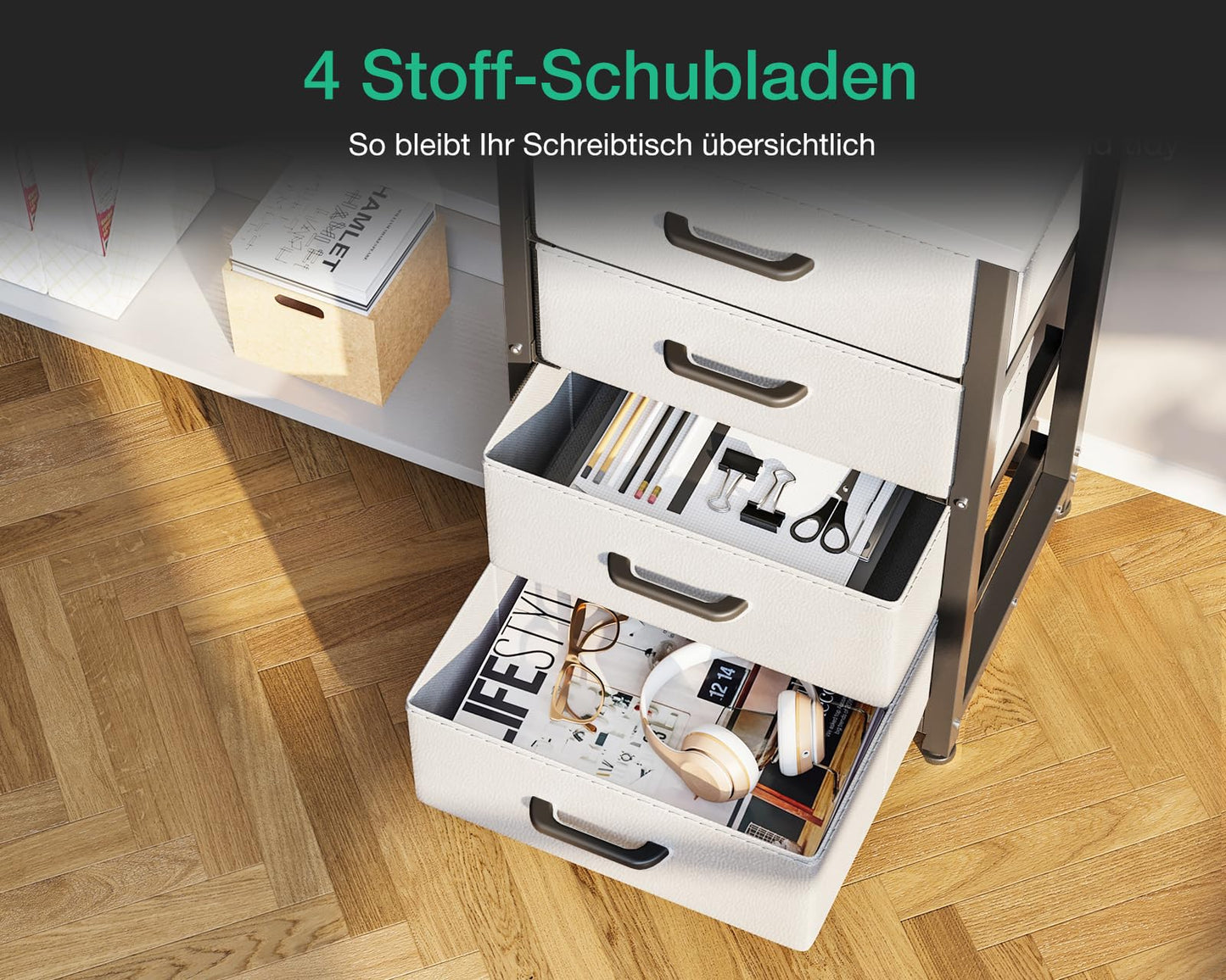 ODK Schreibtisch mit Schubladen, Reversible Eckschreibtisch mit 2 Steckdosen und 2 USB Ladeanschluss, Bürotisch L Form mit LED für Home Office 155×110cm (Alles Weiß)