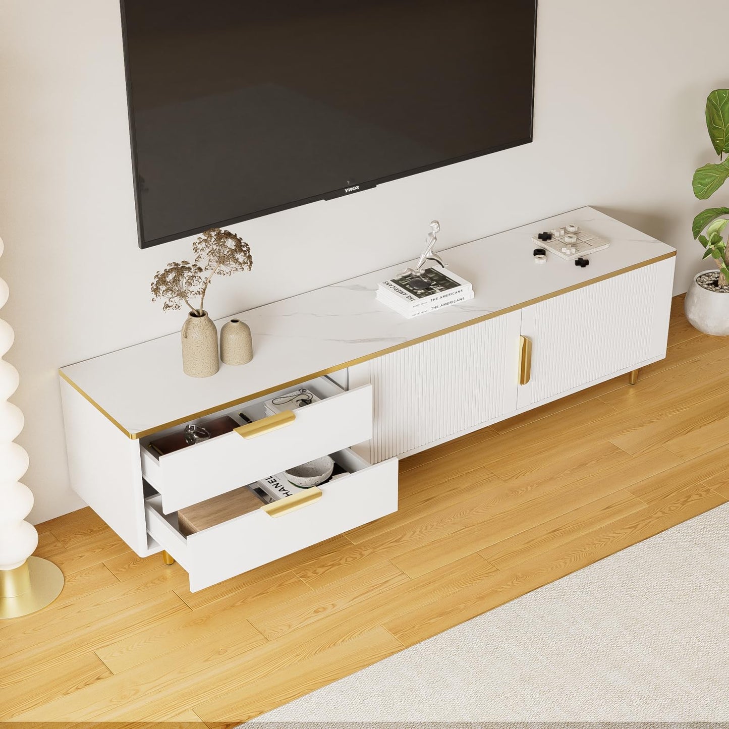 TV Cabinet with 3 Drawers, TV Table with Golden Handles and Legs, Modern TV Stand for TVs up to 75 Inches, Rounded Corners, TV Cabinet for Living Room, 174 x 35 x 41 cm, White
