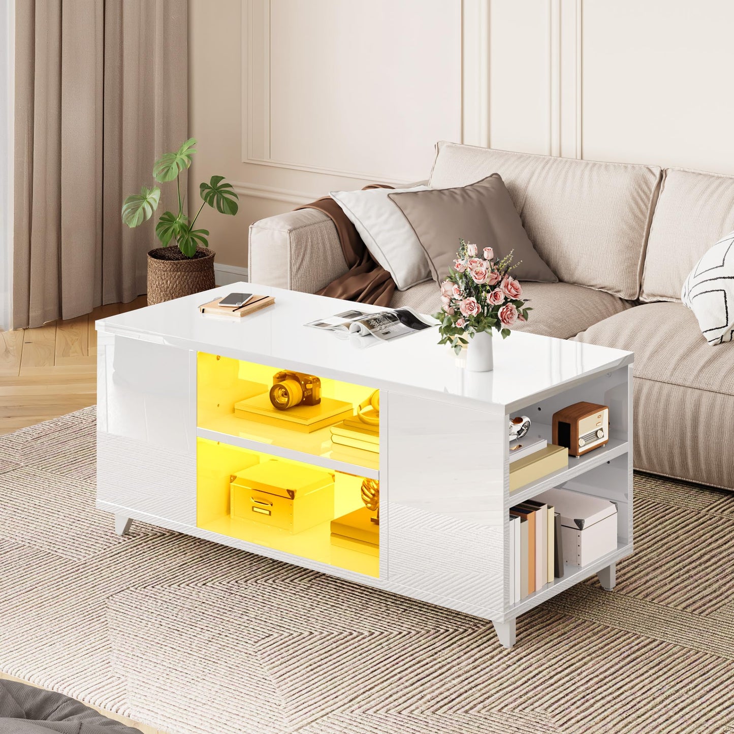 YITAHOME Coffee Table High Gloss Black Modern Living Room Table with 16-Colour LED Lighting Sofa Side Table with Adjustable Shelf 97.5 x 48 x 45 cm