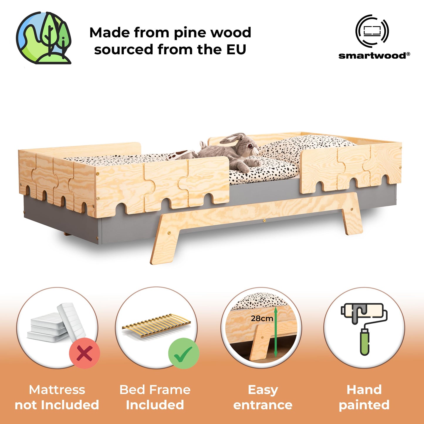 smartwood Kinderbett mit Lattenrost und Rausfallschutz Puzzle BR2 Montessori einzelbett für Jungen und Mädchen - Bett aus Kiefer Sperrholz mit Rausfallschutz und Lattenrost - Grau - 90x200 cm